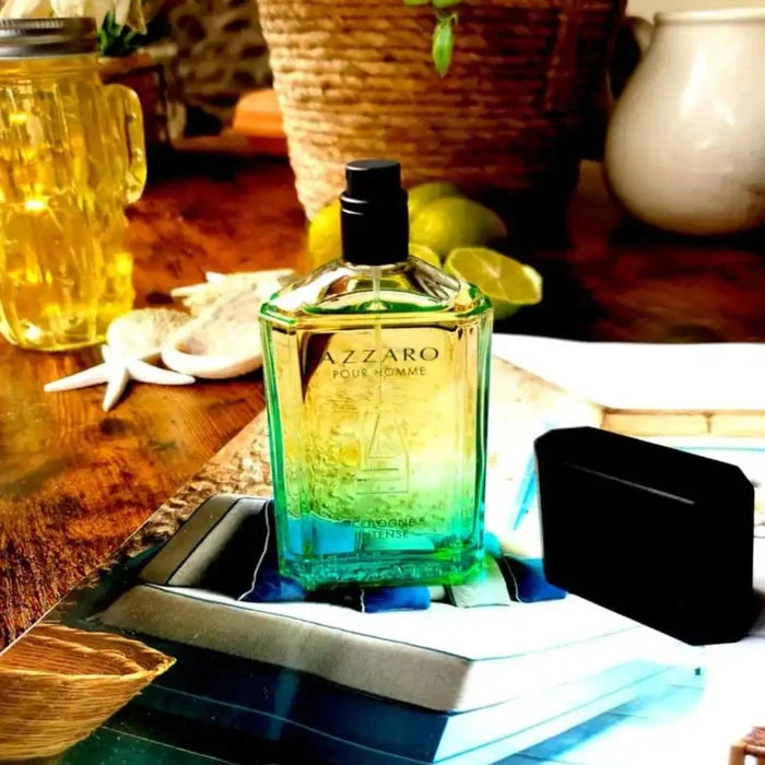 Azzaro cologne bottle on a table with a blurred background