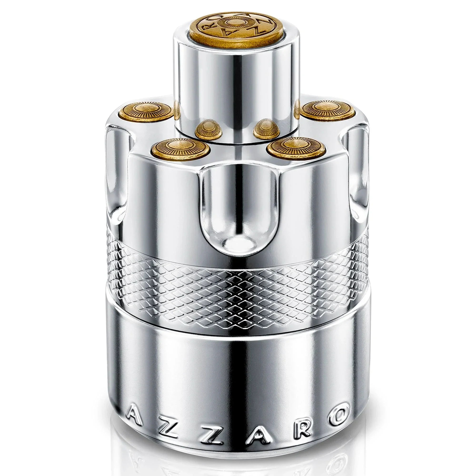 Silver and gold Azzaro perfume bottle on a white background