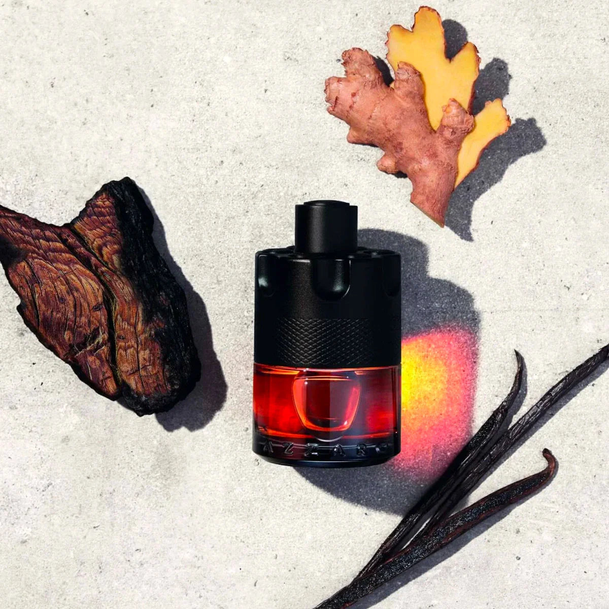 Black and red perfume bottle with autumn leaves and vanilla bean on a textured surface