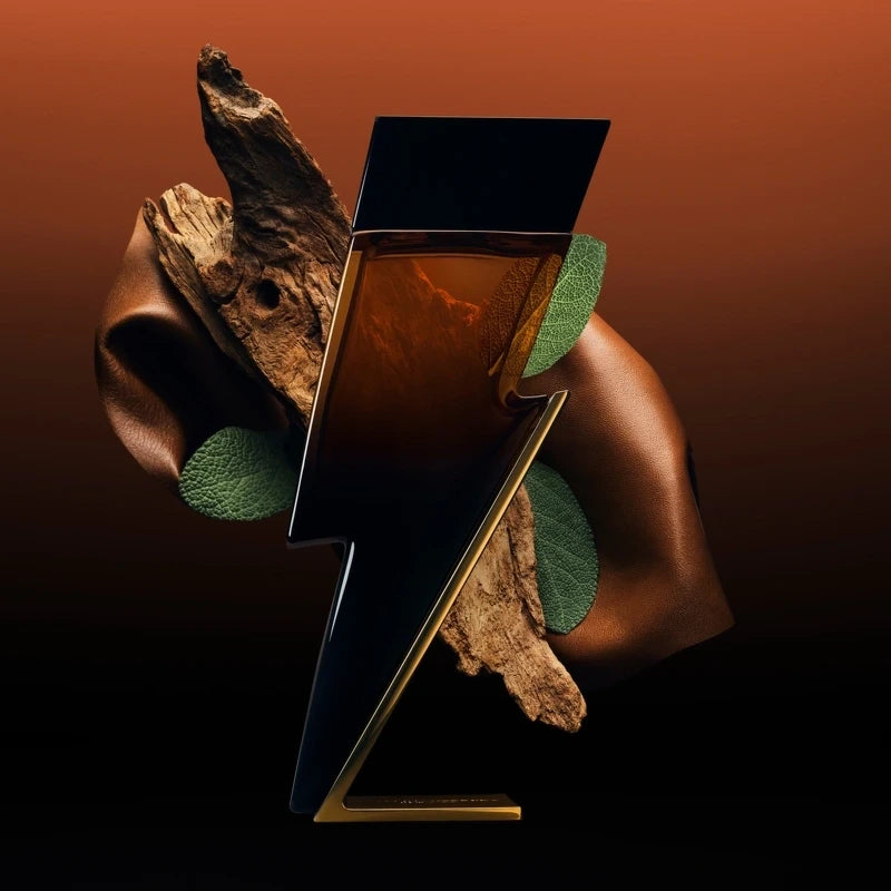 Futuristic lightning bolt design with organic elements on a brown background