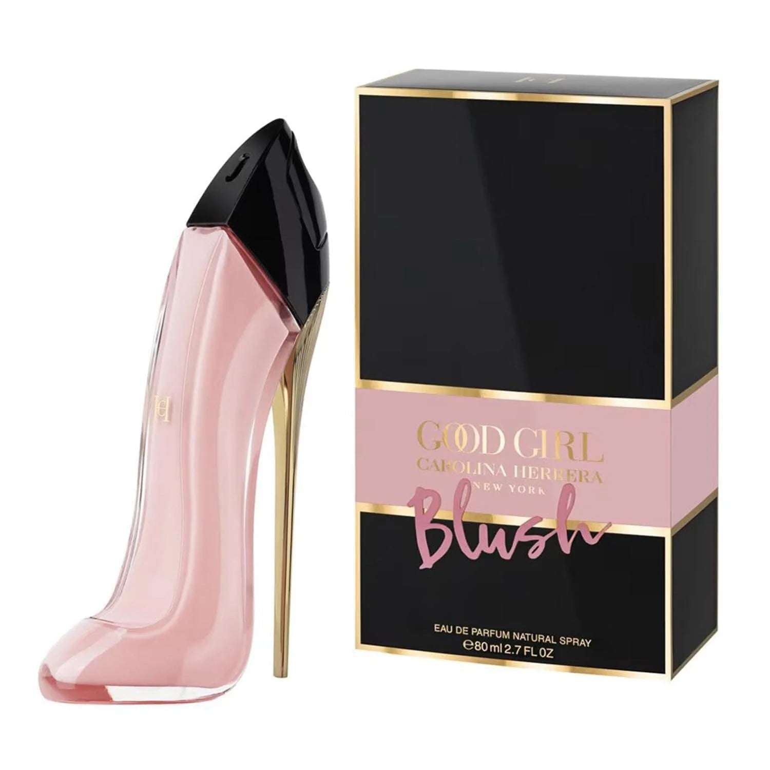 Pink high-heeled shoe-shaped perfume bottle with 'Good Girl' packaging on a white background