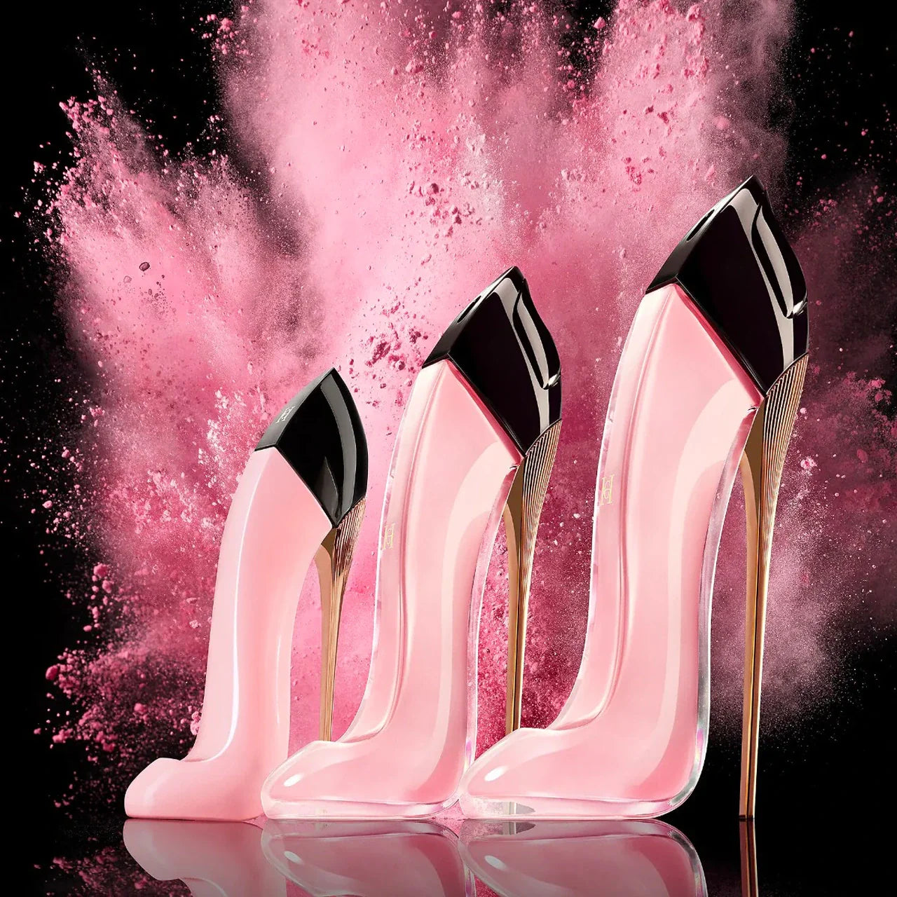 Pink high-heeled shoes with gold soles on a pink and black background