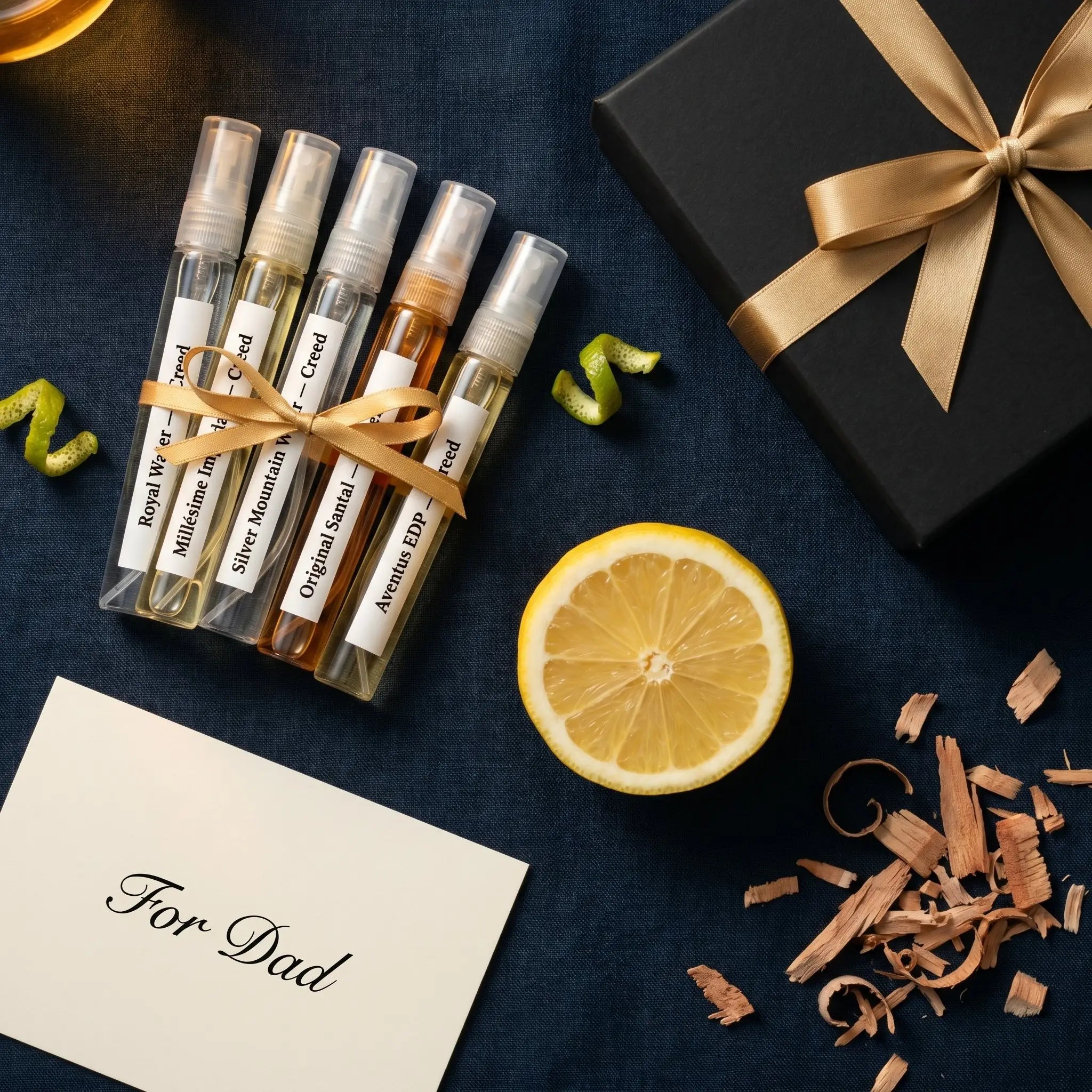 Creed Best Seller Discovery Set Father's Day gift — five fragrance decants with cedar and lemon on navy linen