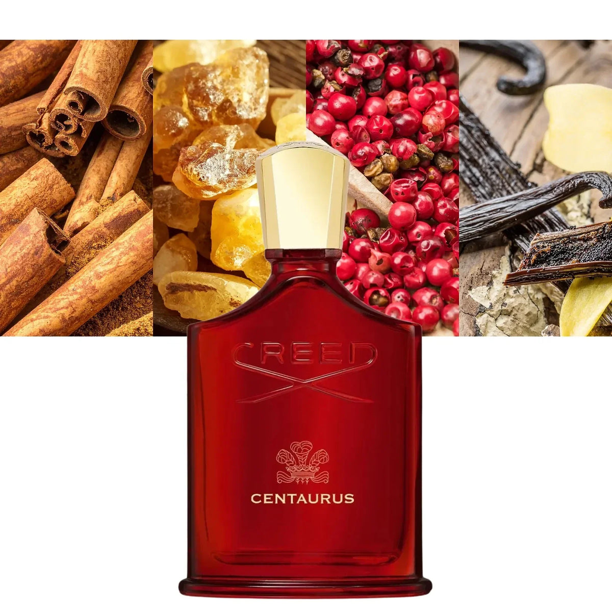 Creed Centaurus EDP bottle with cinnamon, amber resin, pink pepper and vanilla ingredient imagery