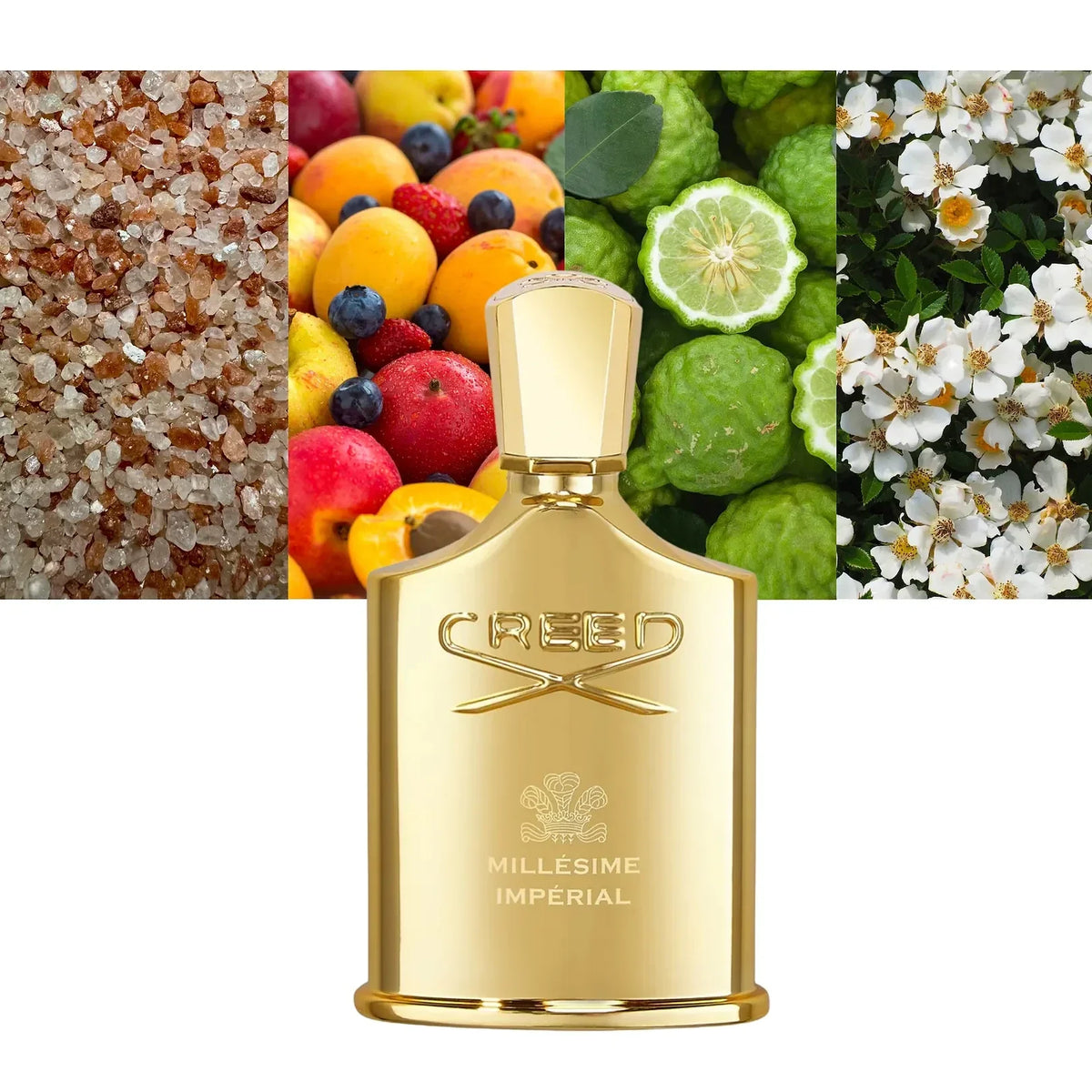 Creed Millésime Impérial EDP bottle with sea salt, fruit, bergamot and white flower ingredient imagery