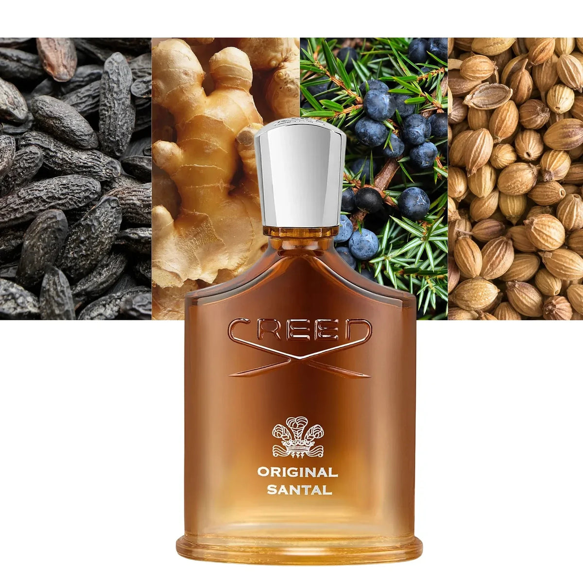 Creed Original Santal EDP bottle with tonka bean, ginger, juniper and coriander ingredient imagery