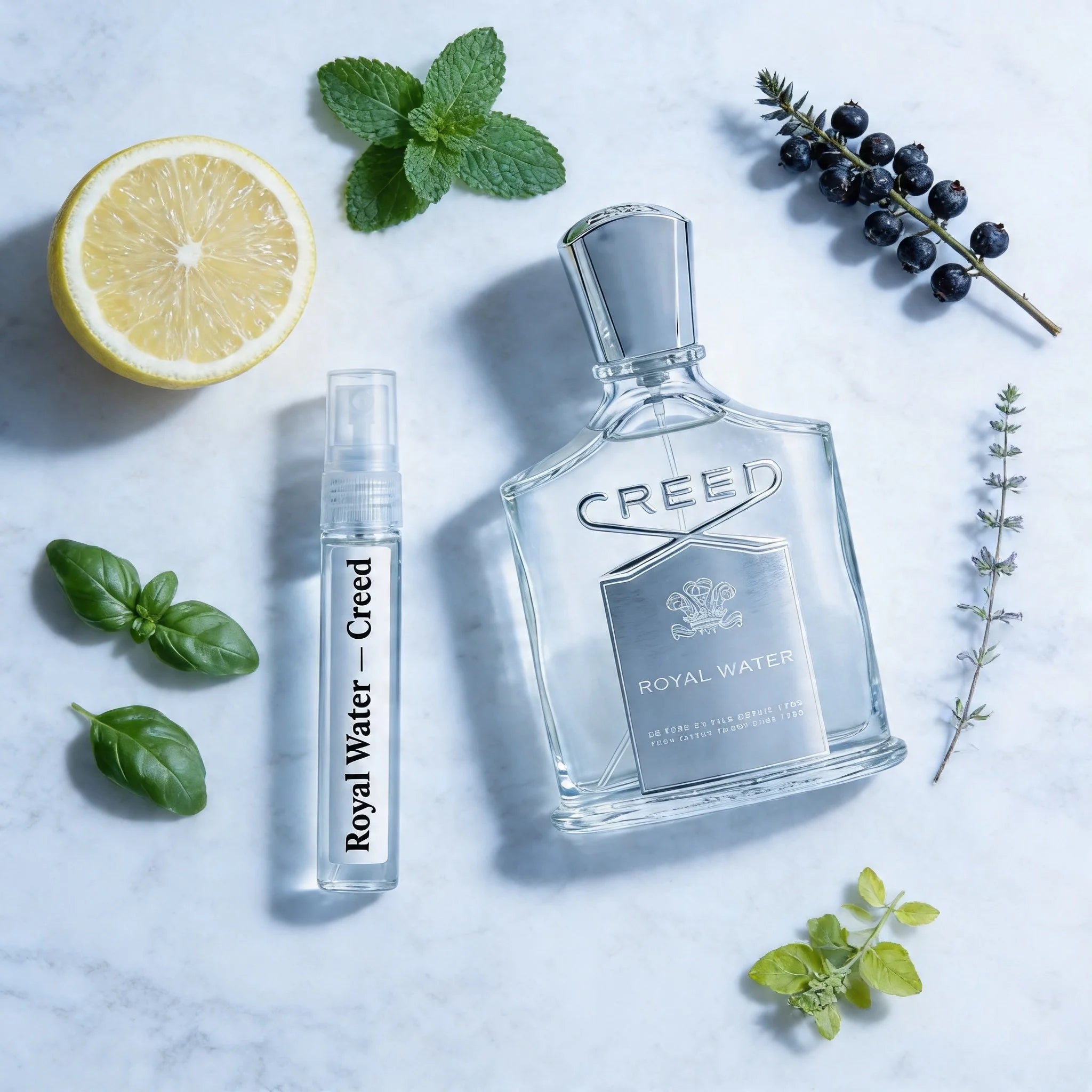 Creed Royal Water bottle and decant on white marble with bergamot peppermint basil juniper and verbena fragrance notes flatlay