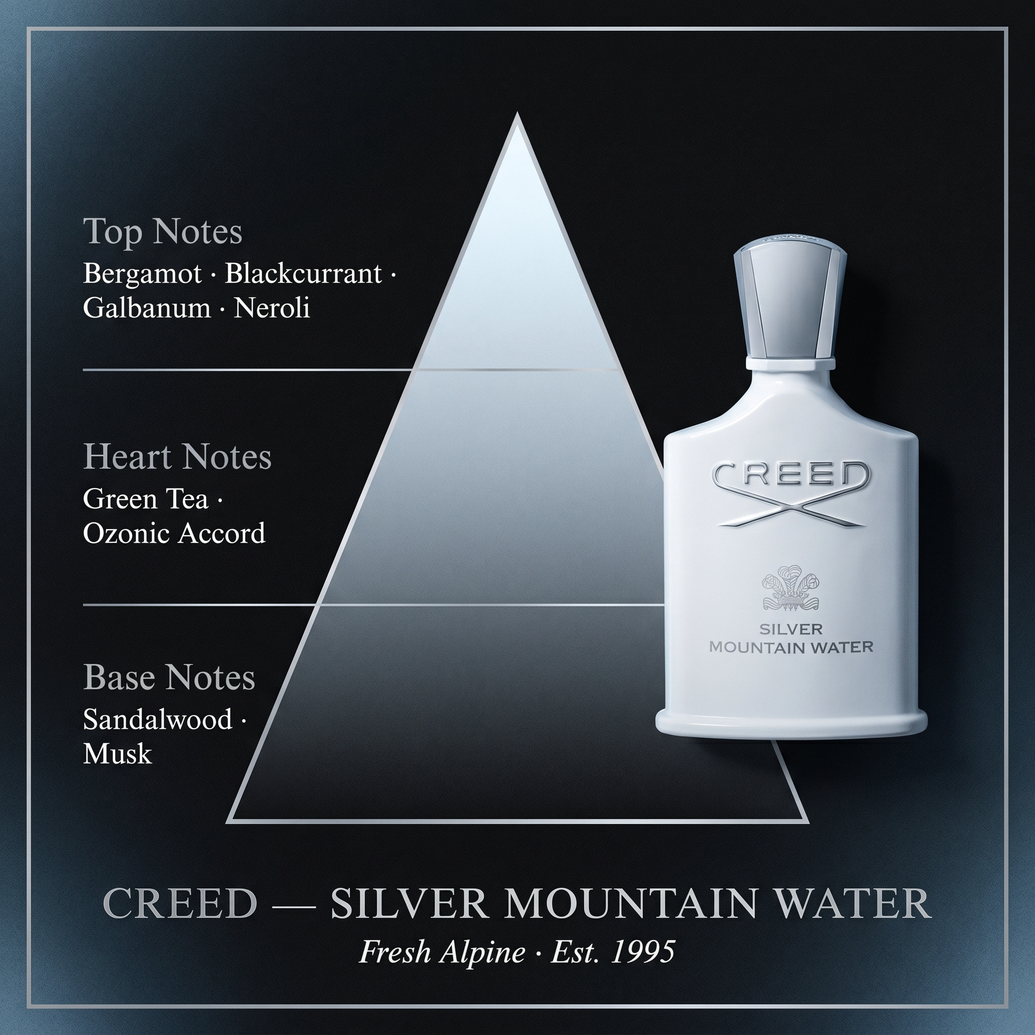 Creed Silver Mountain Water fragrance note pyramid bergamot blackcurrant green tea ozonic sandalwood on dark background