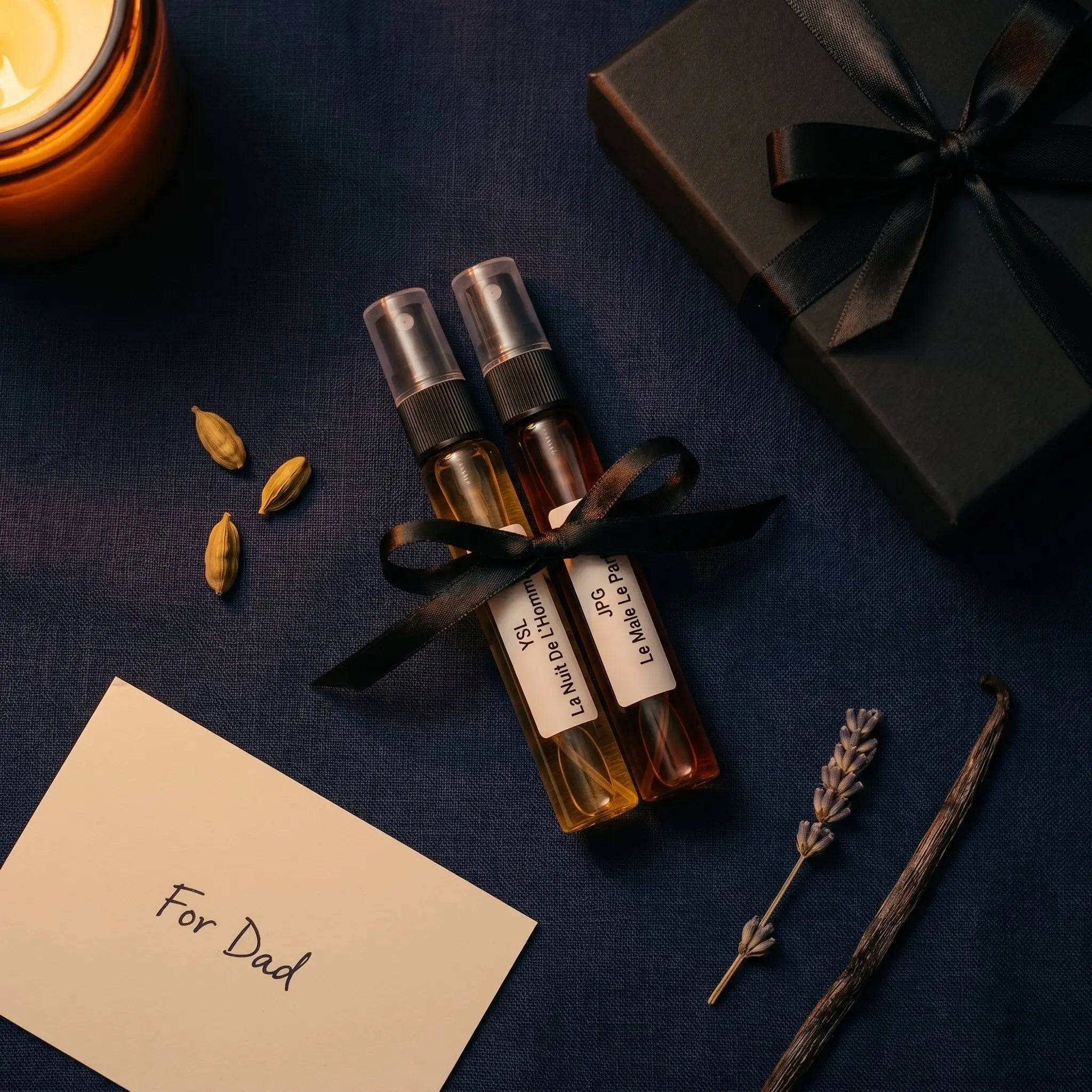 Father's Day Date Night Duo β YSL and JPG decants with black gift box, candle and For Dad card on navy
