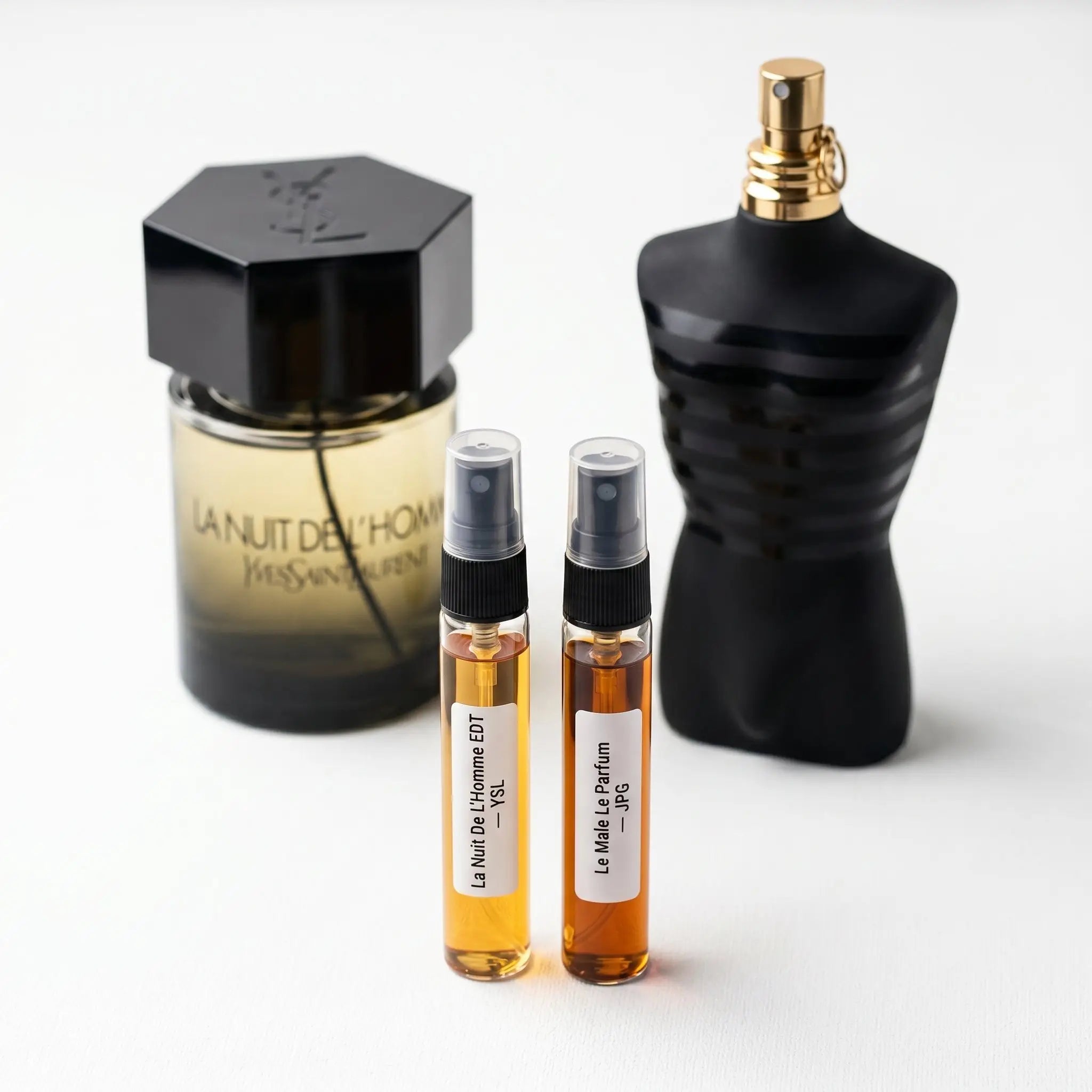 Date Night Duo hero — YSL La Nuit de L'Homme and JPG Le Male Le Parfum bottles with 10ml decants