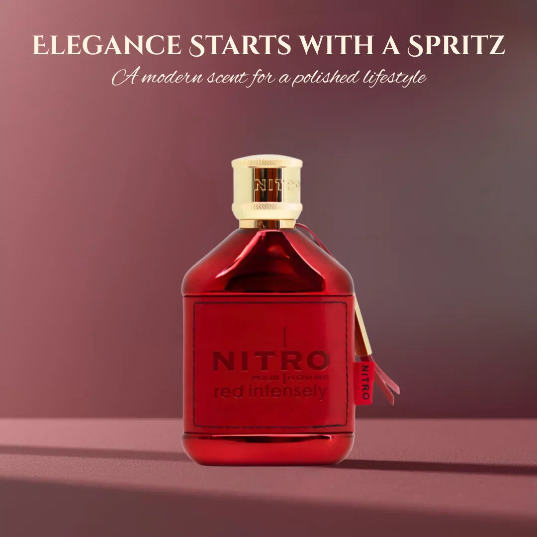 RedNitro perfume bottle on a maroon background with text about elegance and lifestyle.