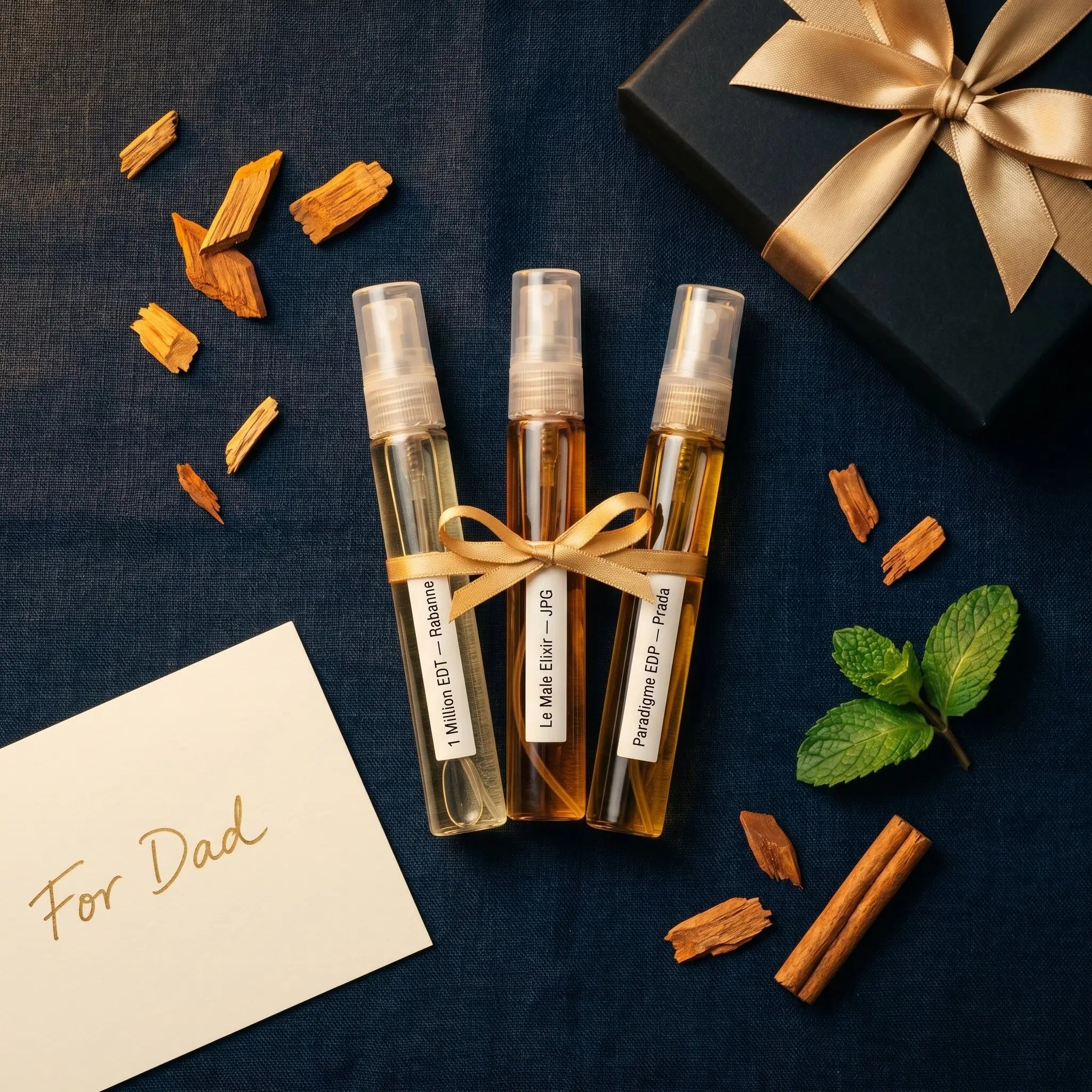 Father's Day Crowd Pleaser Set — designer fragrance decants with gift box and For Dad card on navy