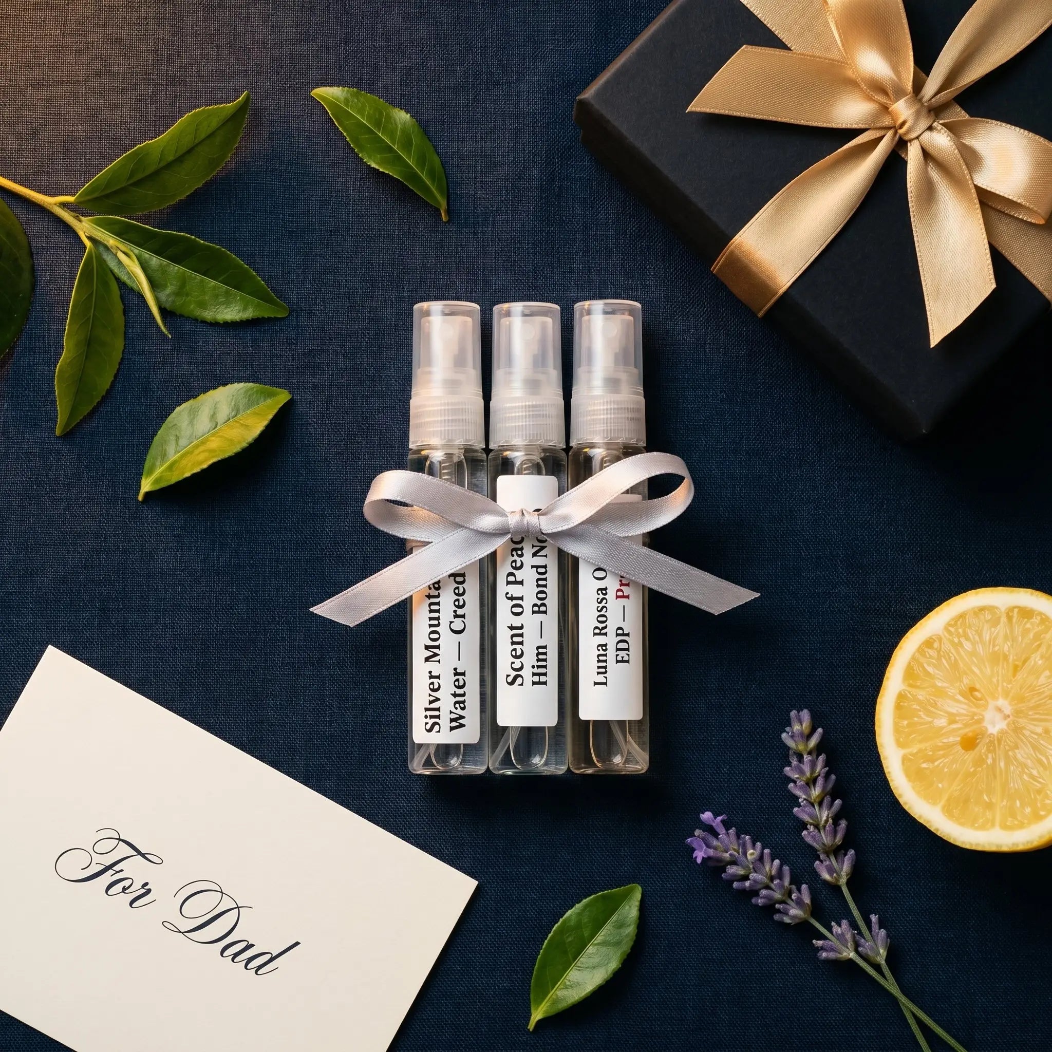 Father's Day Fresh Set β fragrance decants with gift box, For Dad card, lavender and lemon on navy