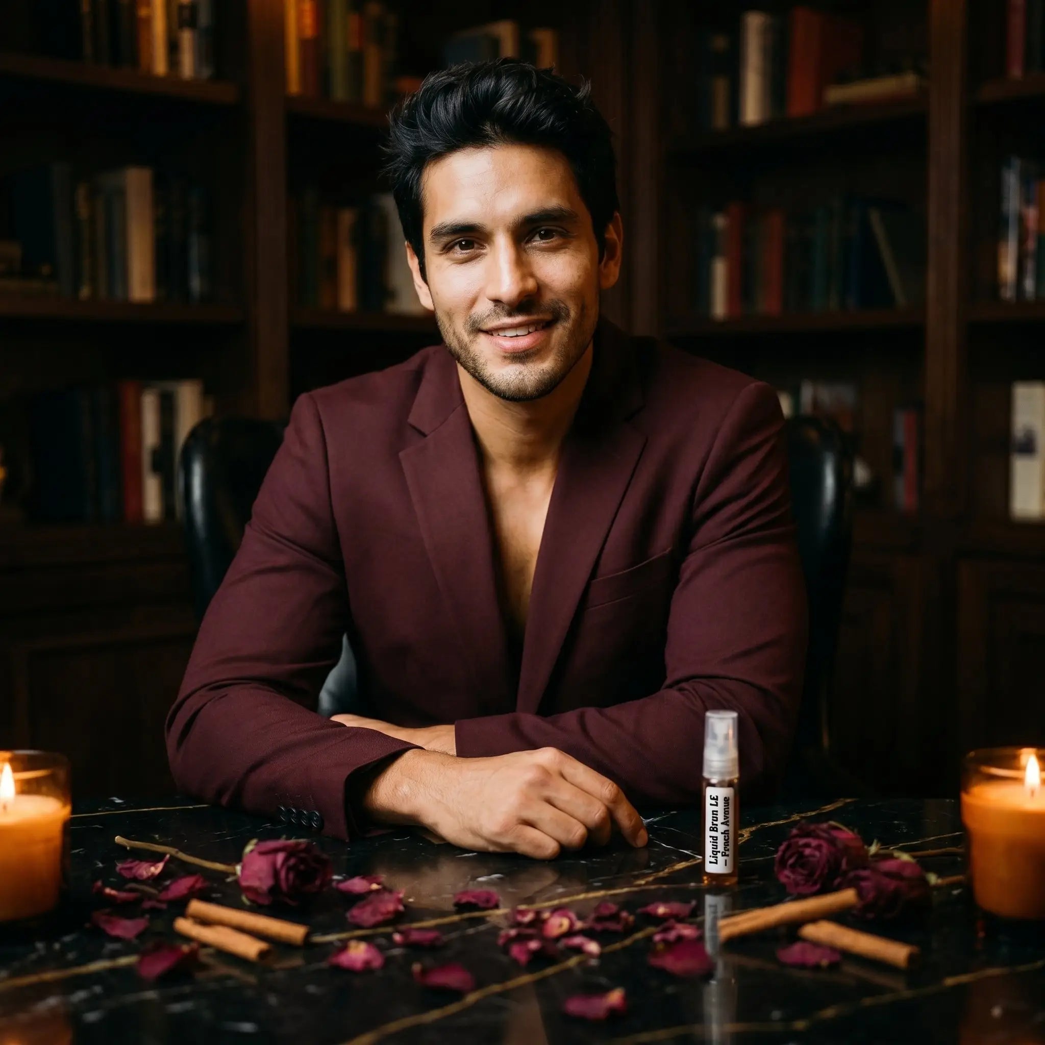 Man in burgundy blazer with French Avenue Liquid Brun LE decant on marble desk with roses and cinnamon