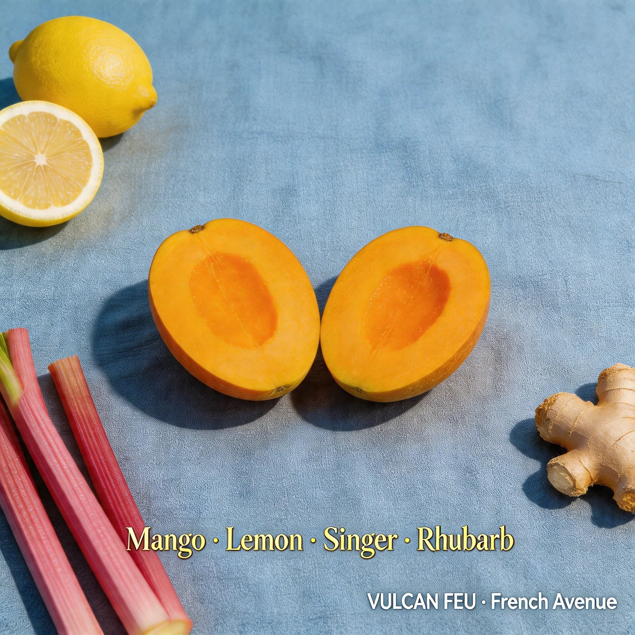 Mango, lemon, ginger, and rhubarb on a blue fabric background with text overlay.