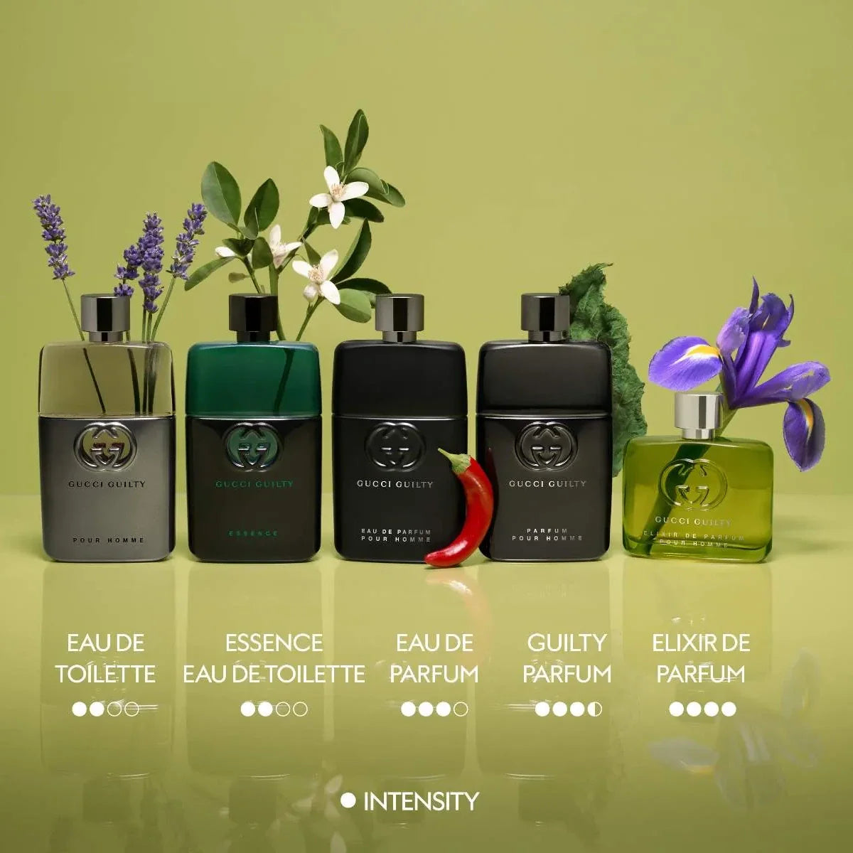 Collection of Gucci perfume bottles with flowers on a green background