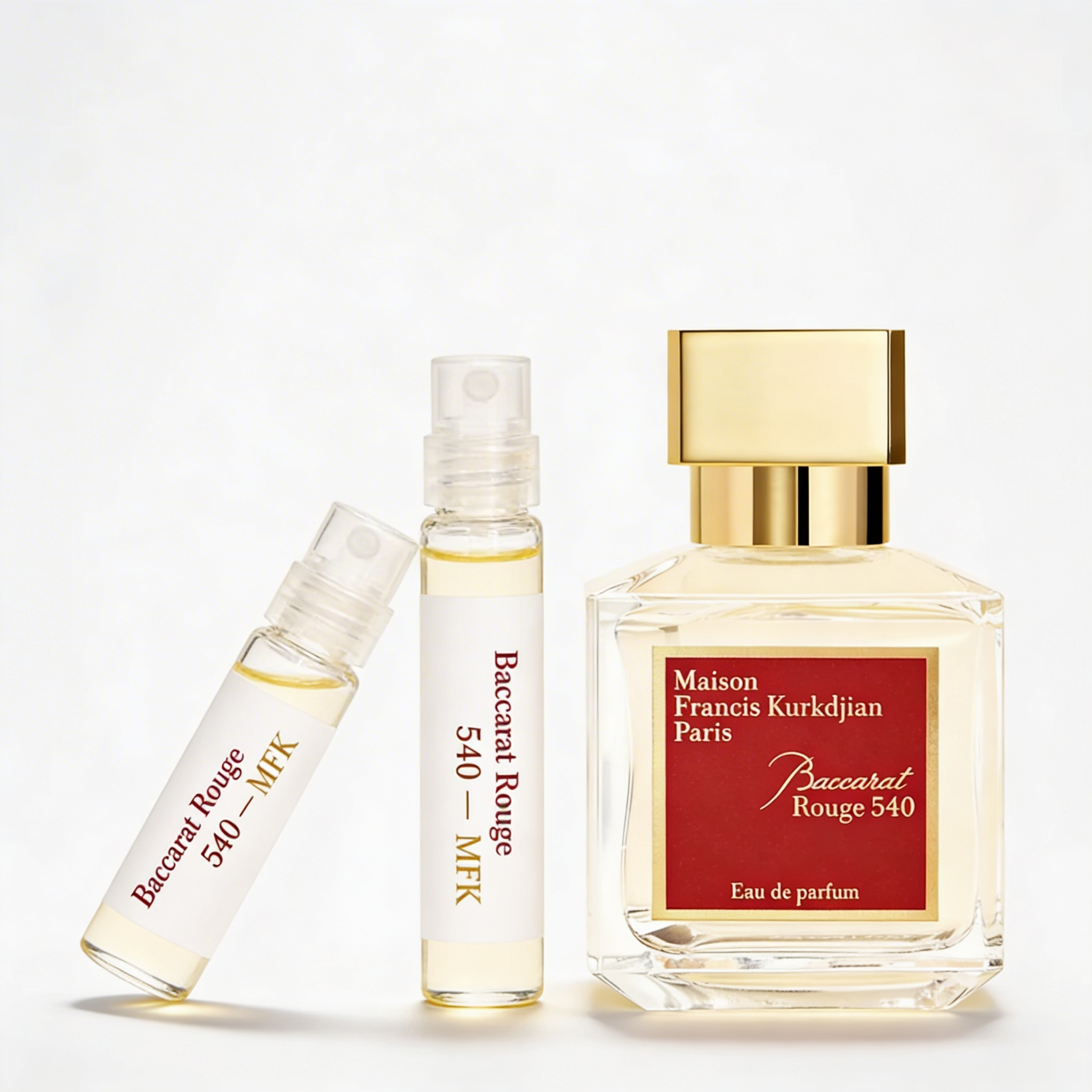 Three Maison Francis Kurkdjian perfume bottles on a white background