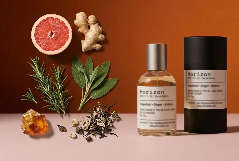 Horizon eau de parfum bottle and tube with grapefruit, ginger, rosemary, sage and amber