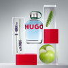 Hugo Boss perfume bottle with floral and fruit elements on a gray background