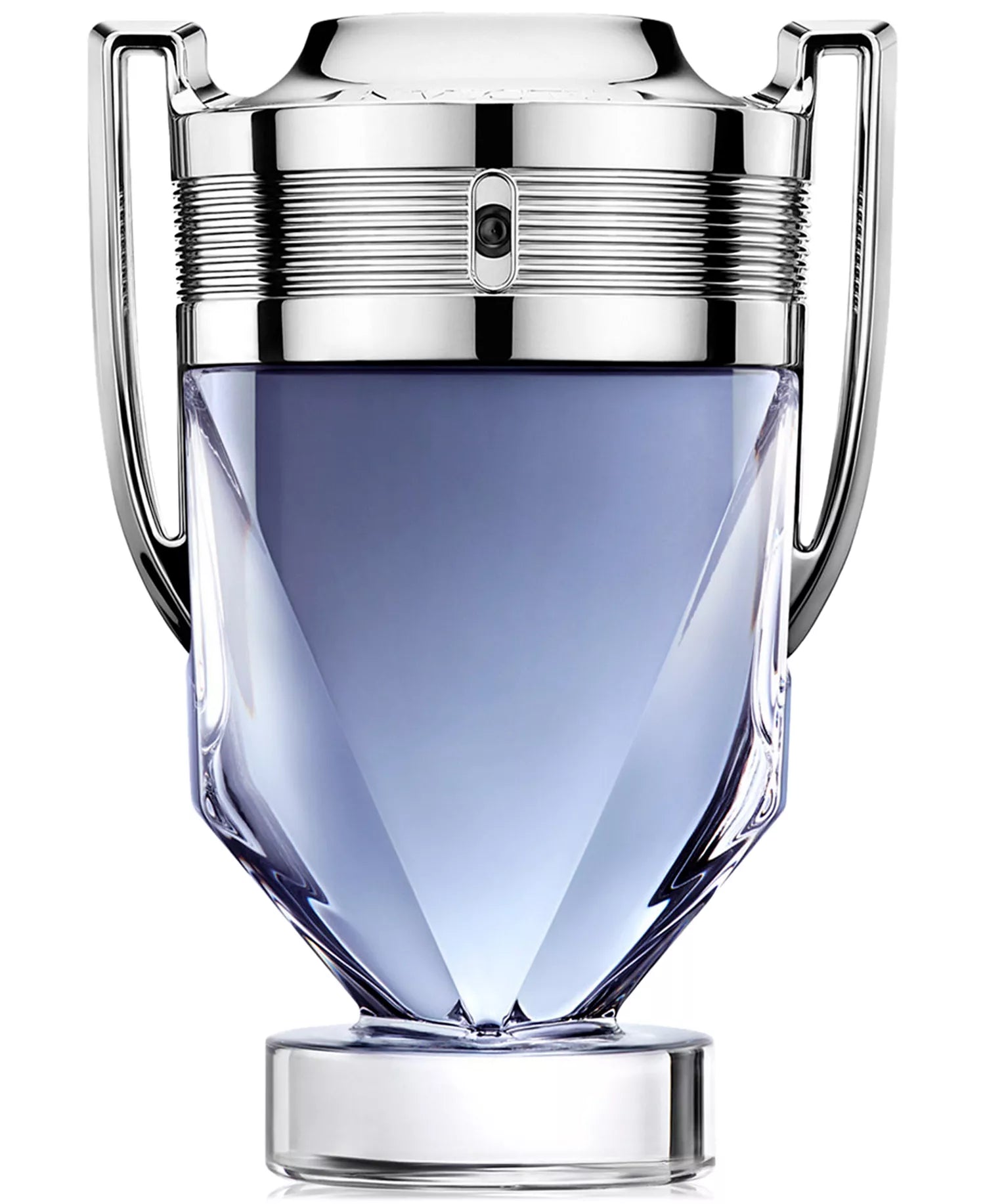 Perfume bottle with blue liquid and silver cap on a white background