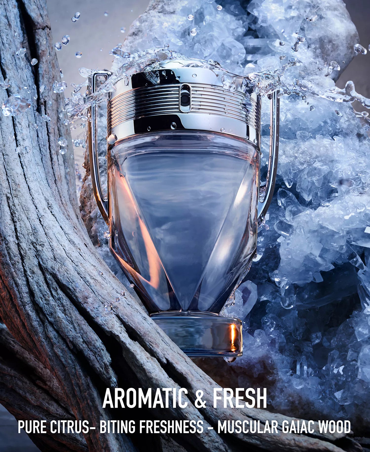 Perfume bottle with water droplets and icy background, labeled 'Aromatic & Fresh'.