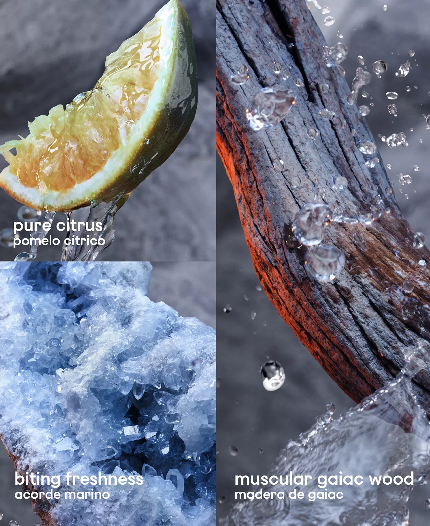 Collage of a sliced pomelo fruit, gaia wood, and crystal with descriptive text.