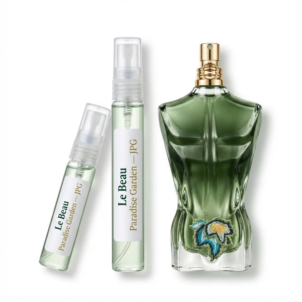 Jean Paul Gaultier Le Beau Paradise Garden decant vials with green torso bottle on white background fragrance photography