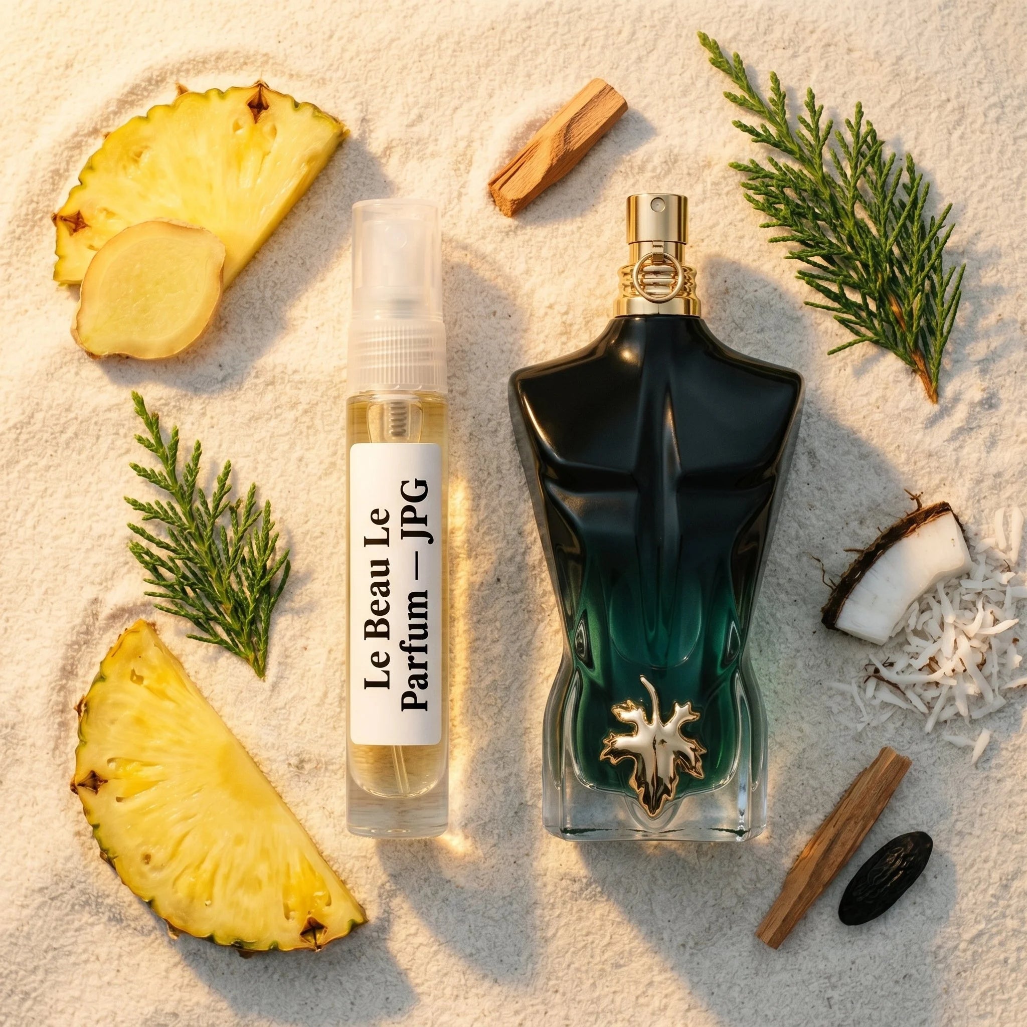 Jean Paul Gaultier Le Beau Le Parfum bottle and decant on warm sand with pineapple ginger coconut sandalwood amber fragrance notes flatlay