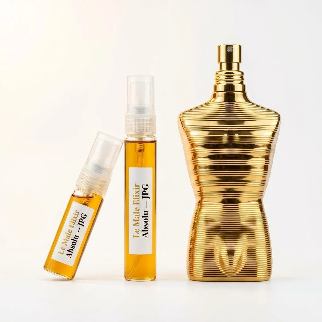 Jean Paul Gaultier Le Male Elixir Absolu decant vials with all-gold torso bottle on white background fragrance photography