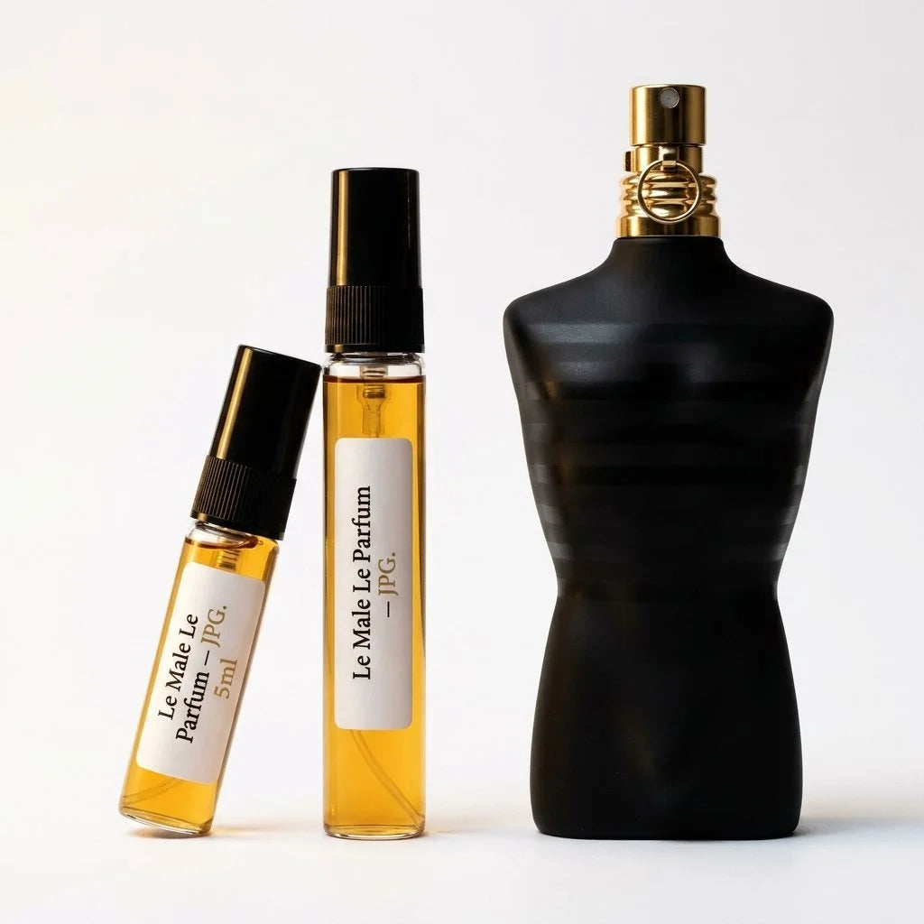 Jean Paul Gaultier Le Male Le Parfum decant vials with matte black torso bottle on white background fragrance photography