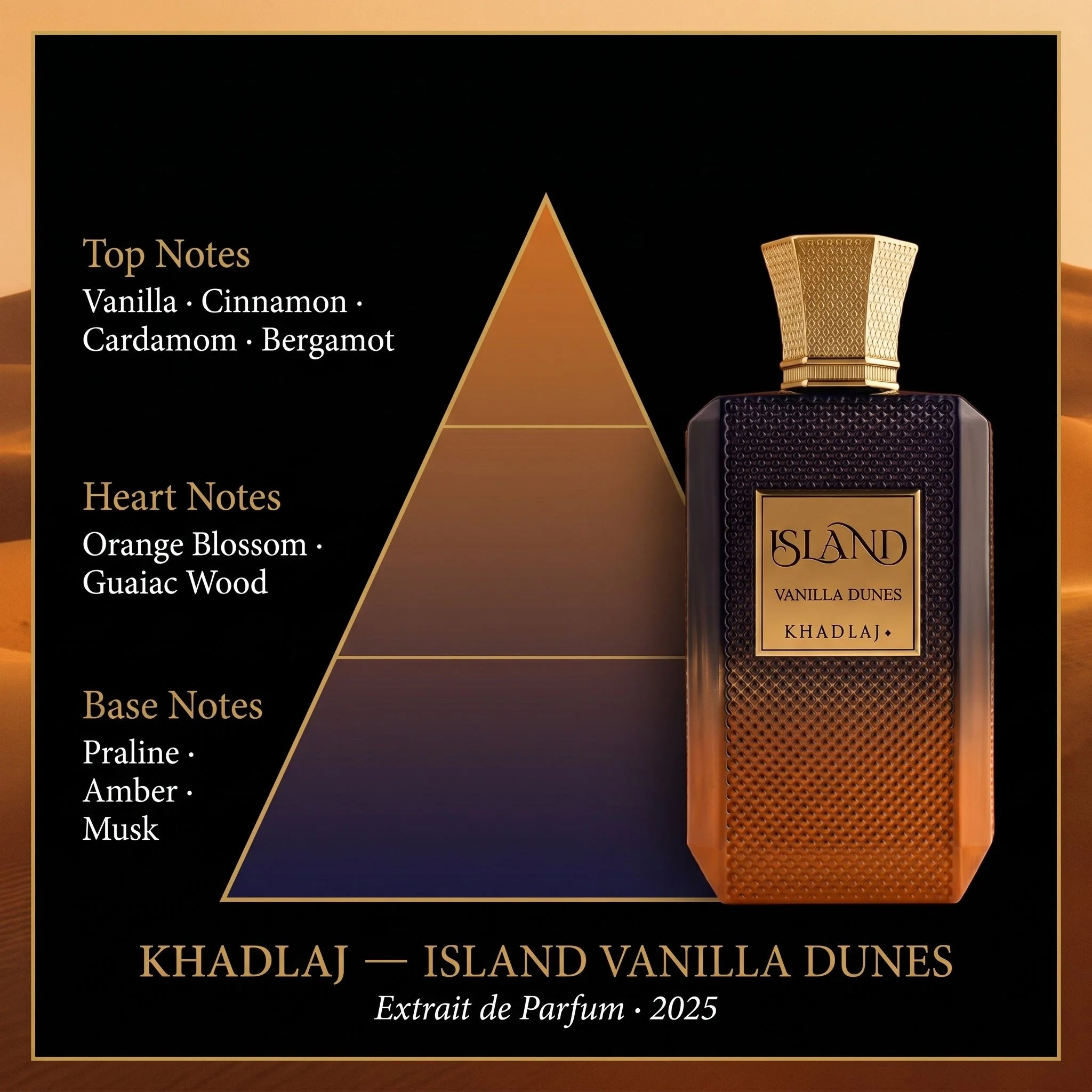 Khadlaj Vanilla Dunes fragrance note pyramid vanilla cinnamon cardamom orange blossom praline amber on dark amber desert background