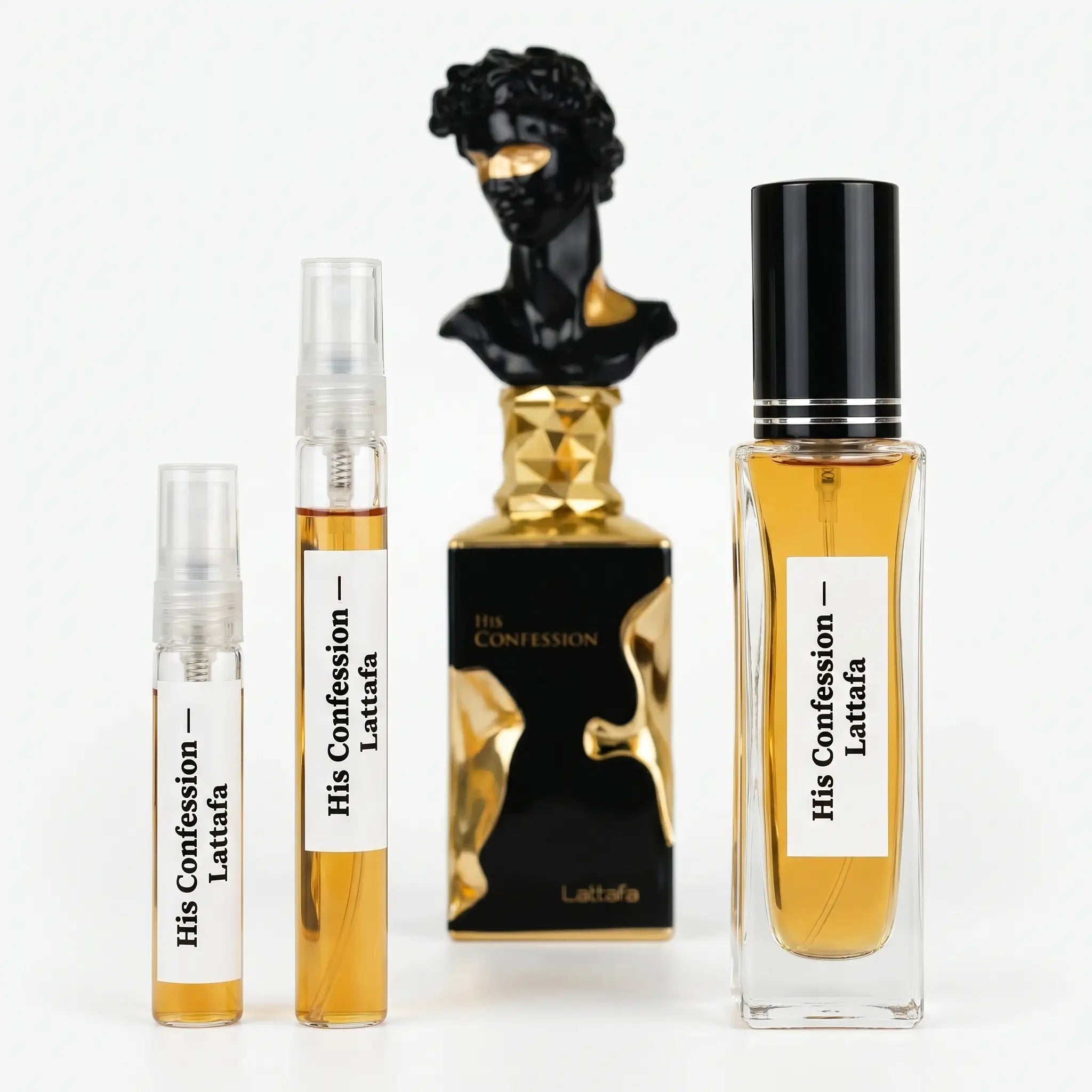 Lattafa His Confession decants next to full bottle with black and gold David bust statue
