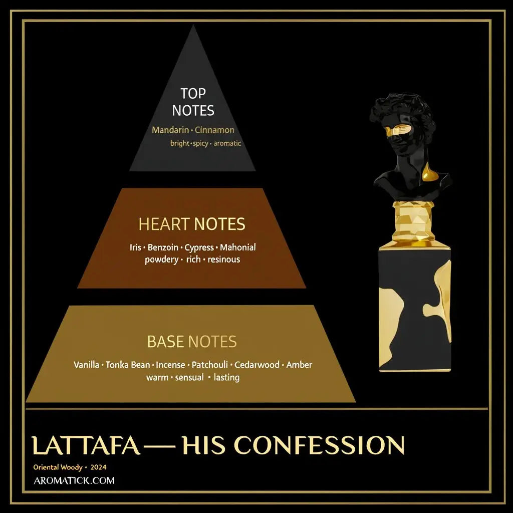 Lattafa His Confession fragrance note pyramid — mandarin, iris, vanilla, patchouli, amber