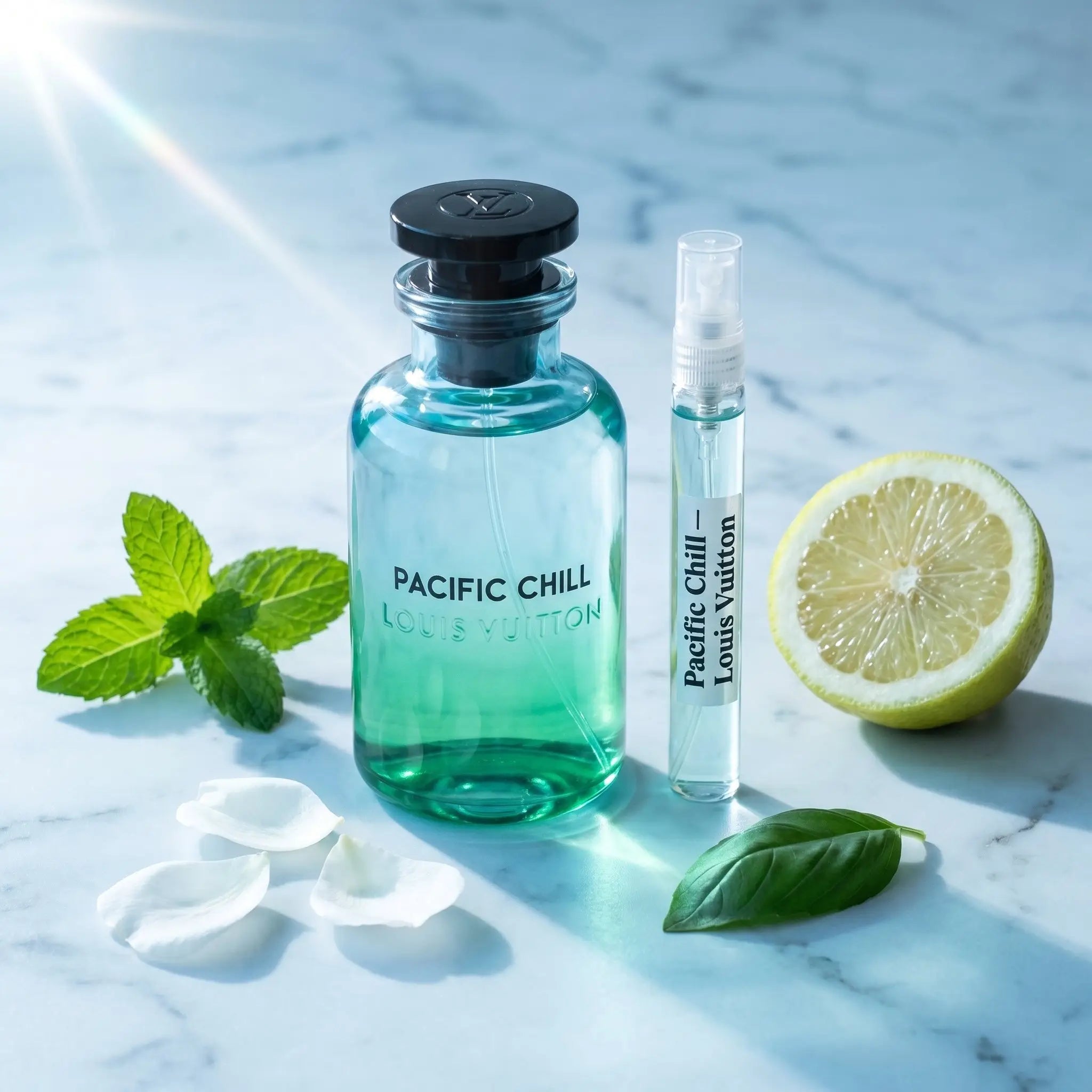 Louis Vuitton Pacific Chill decant vial with full bottle on marble surface surrounded by mint leaves and citron