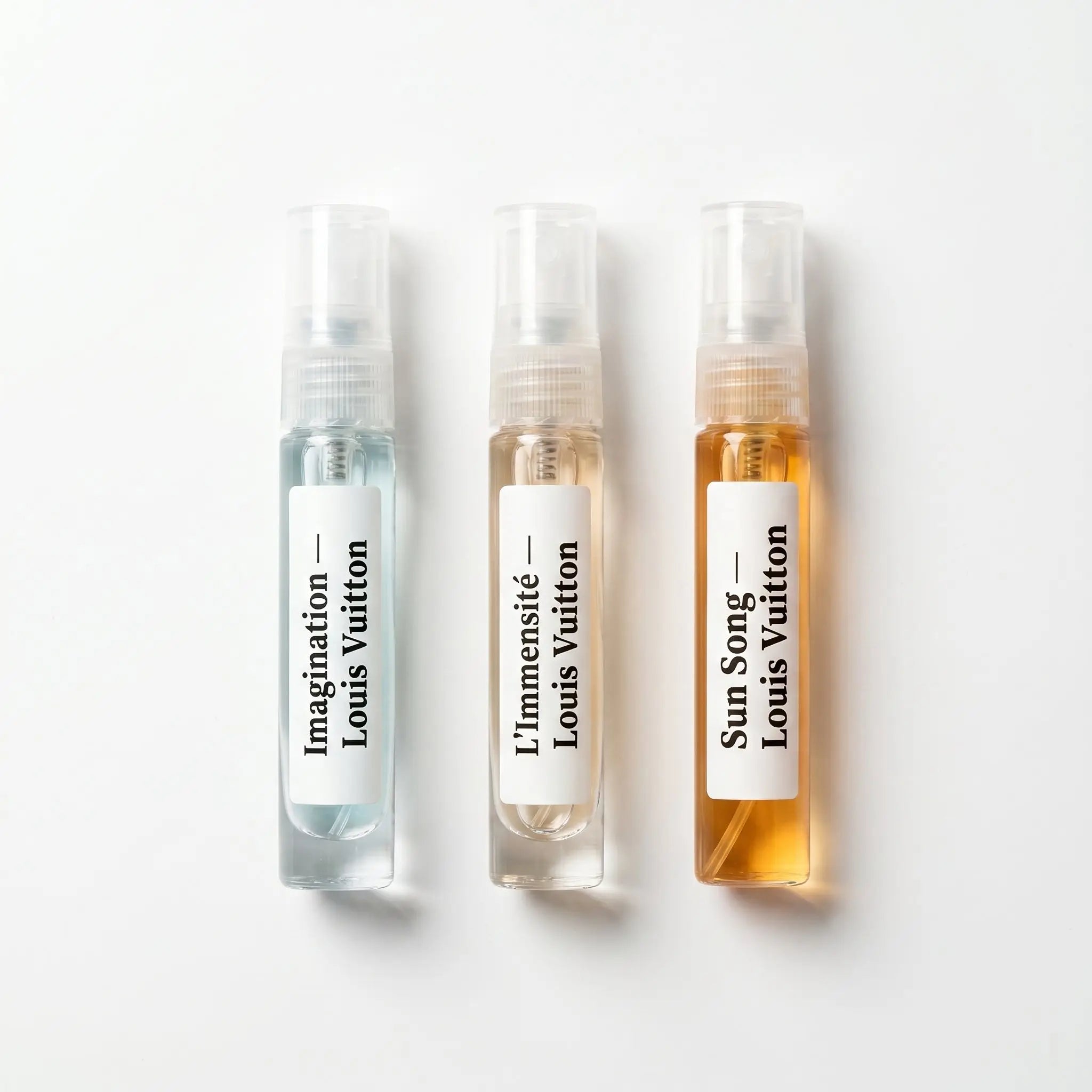 Louis Vuitton Imagination, L'Immensité and Sun Song 5ml decants — LV Discovery Set flatlay