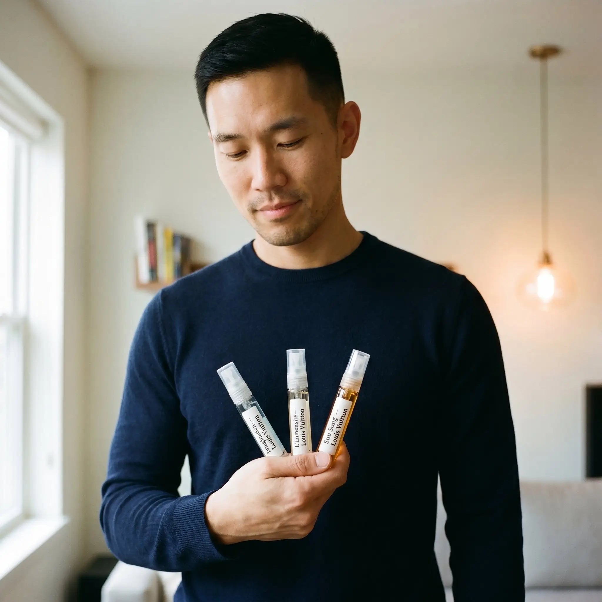 Asian man holding Louis Vuitton Discovery Set decants — Imagination, L'Immensité and Sun Song