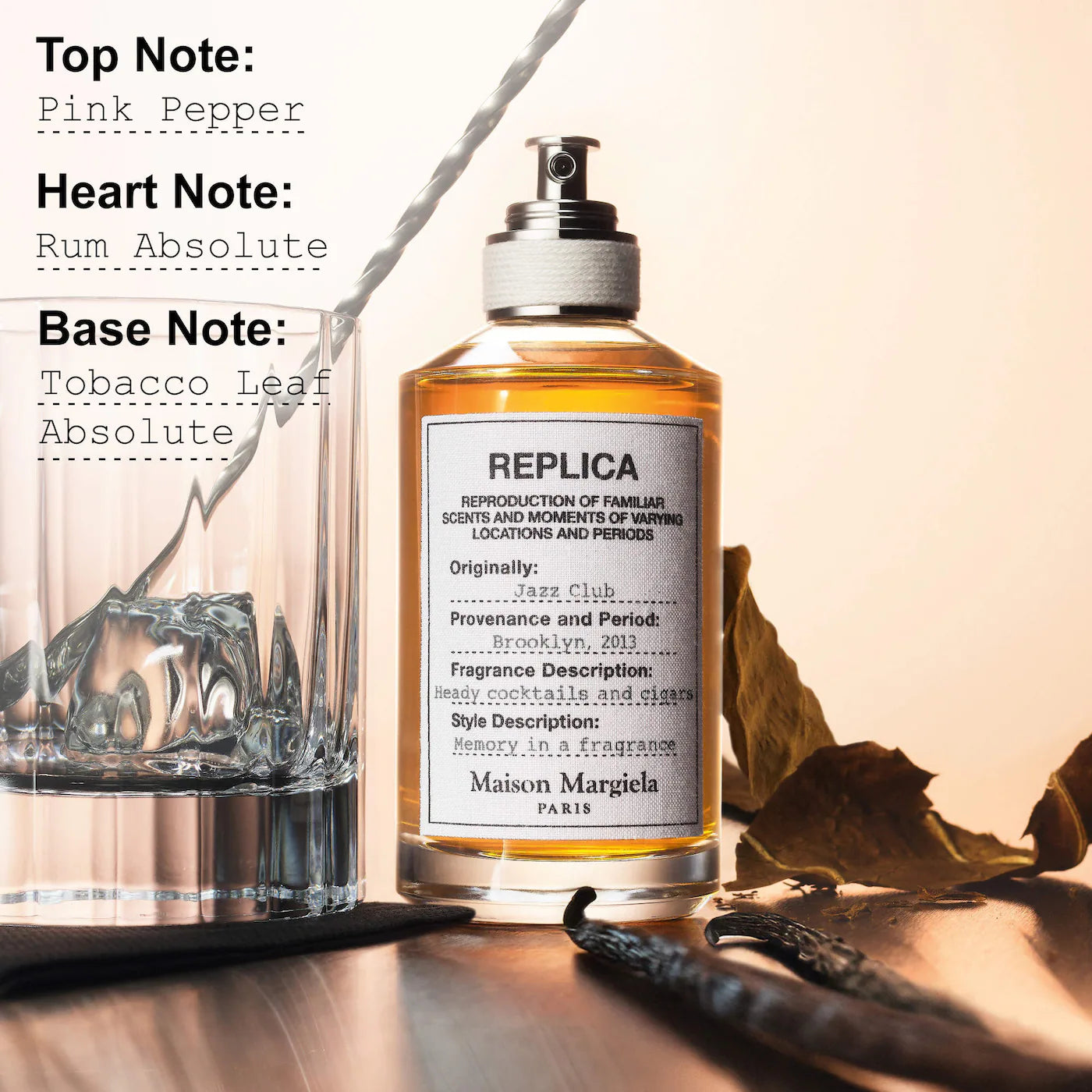 Perfume bottle with detailed fragrance notes on a warm-toned background