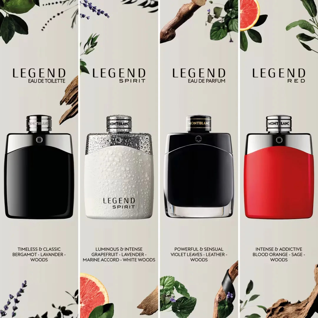 Four Legend perfume bottles with different designs and colors on a white background.