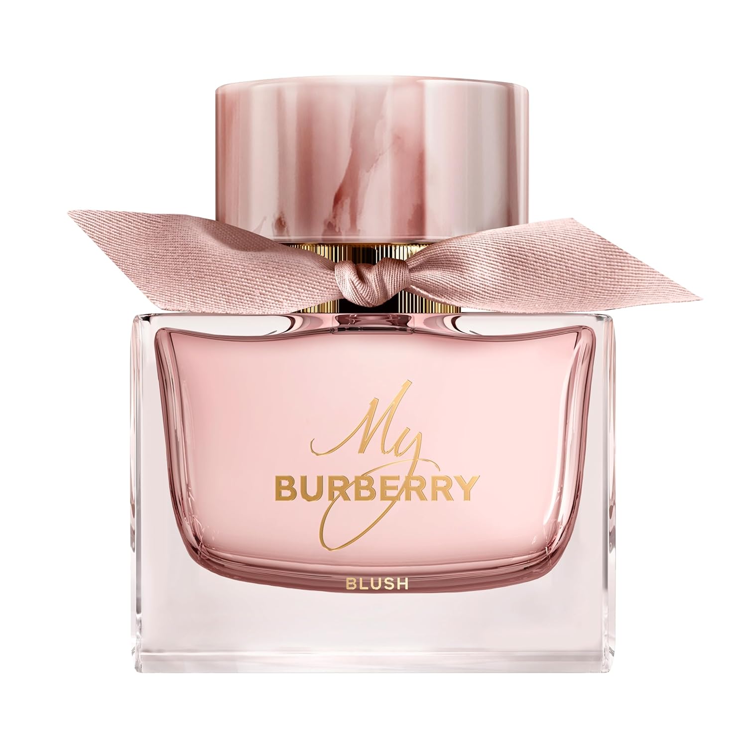 Burberry perfume bottle with pink cap and bow on a white background