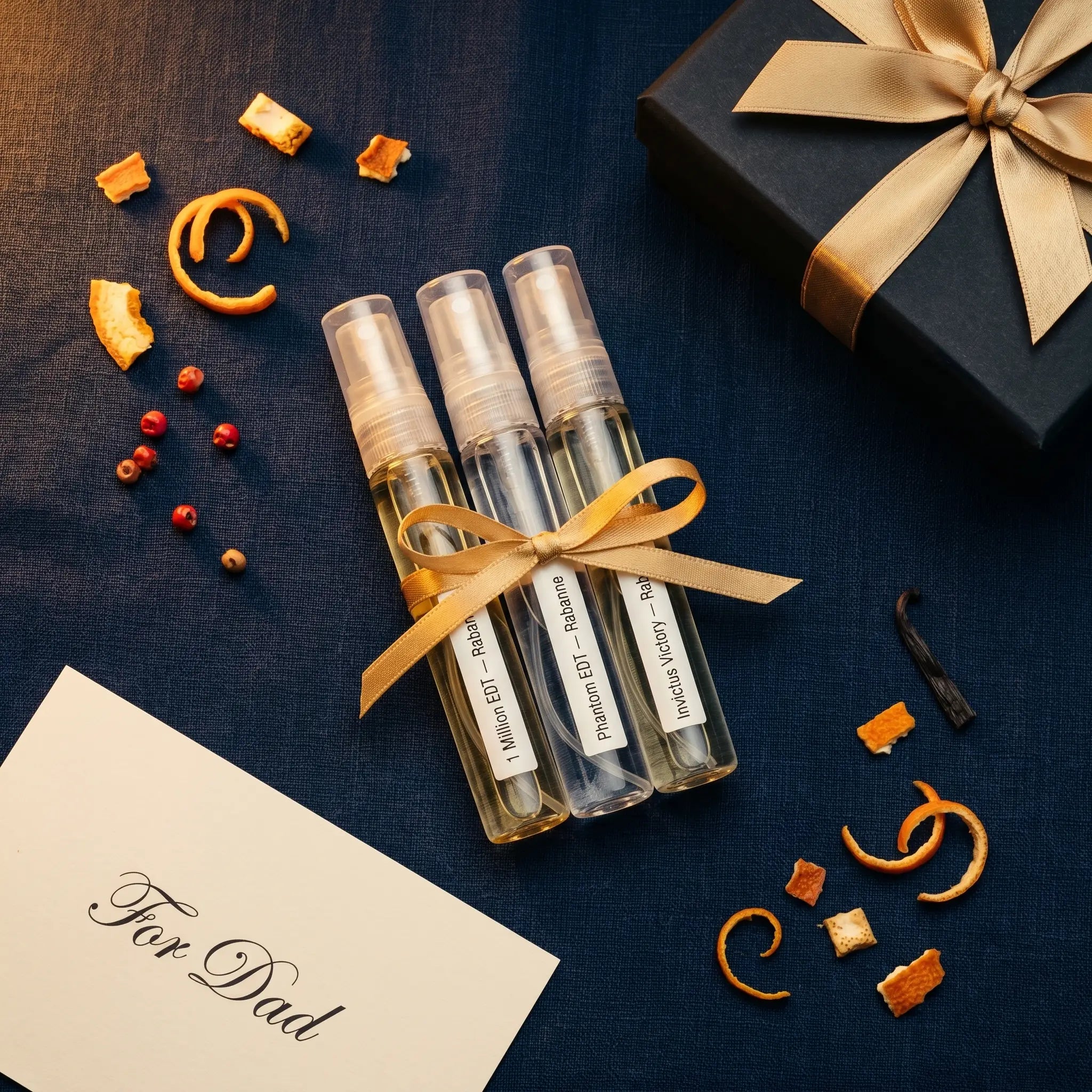 Father's Day Old Spice Upgrade — Rabanne decants with gift box, orange peel and pink pepper on navy