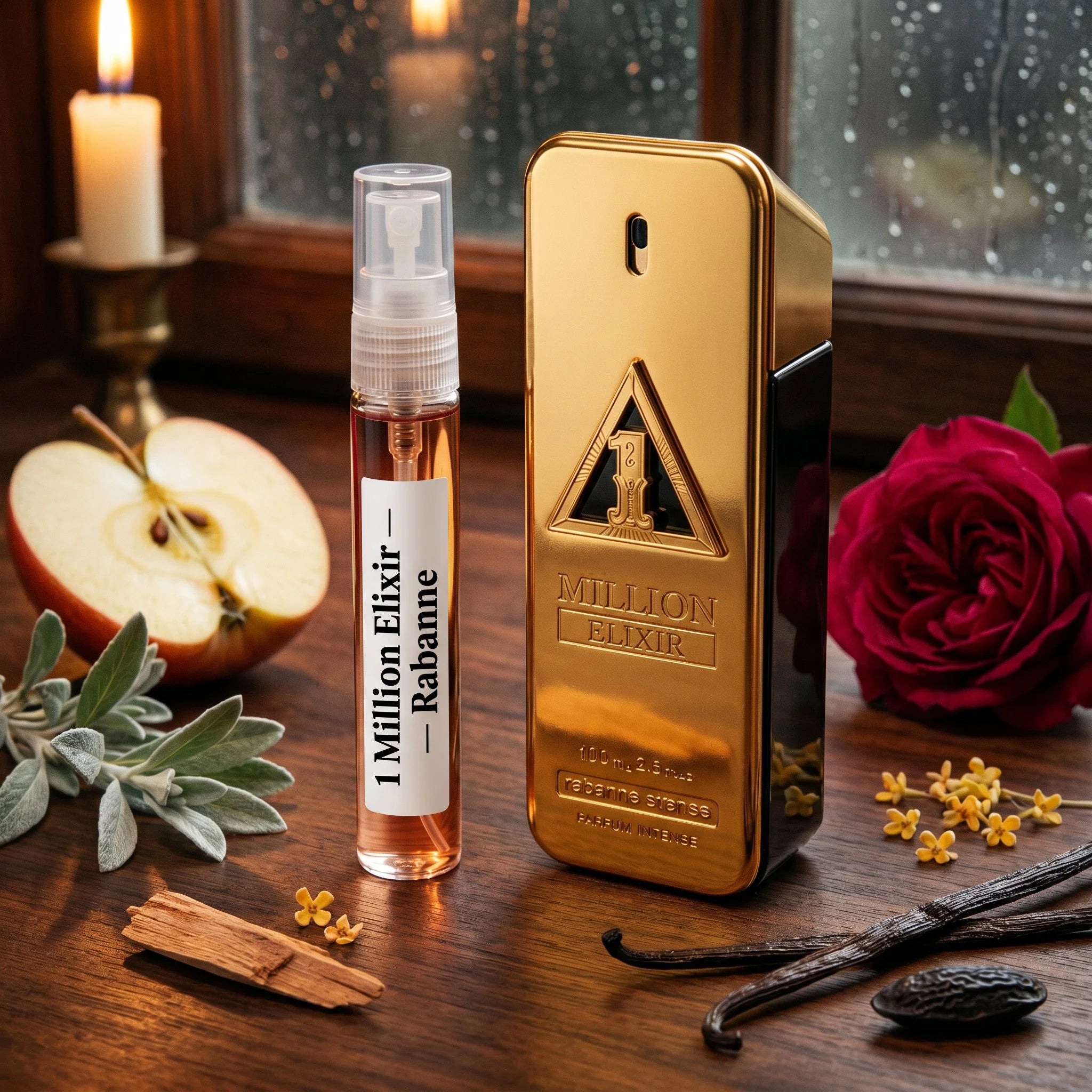 Rabanne 1 Million Elixir bottle and decant on dark walnut with apple davana Damask rose osmanthus vanilla tonka bean fragrance notes flatlay