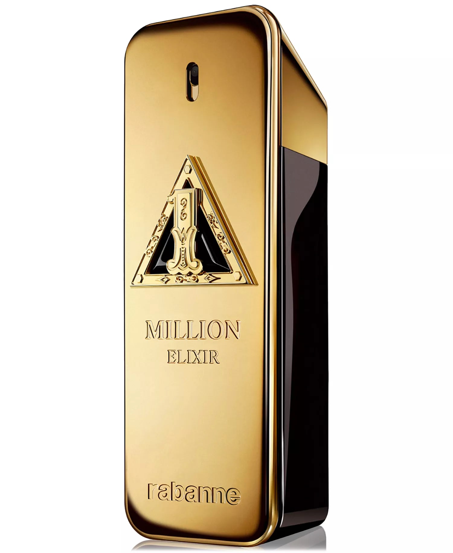 Gold and black perfume bottle with 'Milion Elixir' branding on a white background