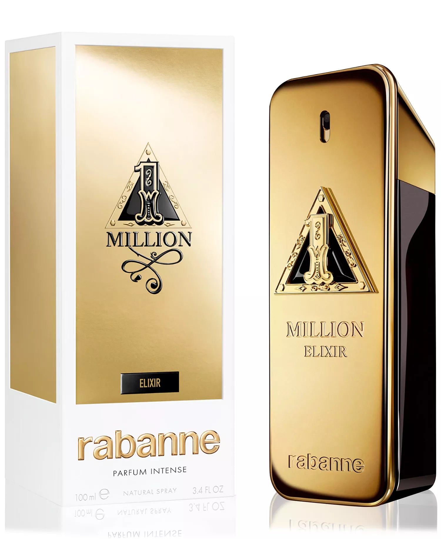 Rabanne Million Elixir perfume bottle and packaging on a white background