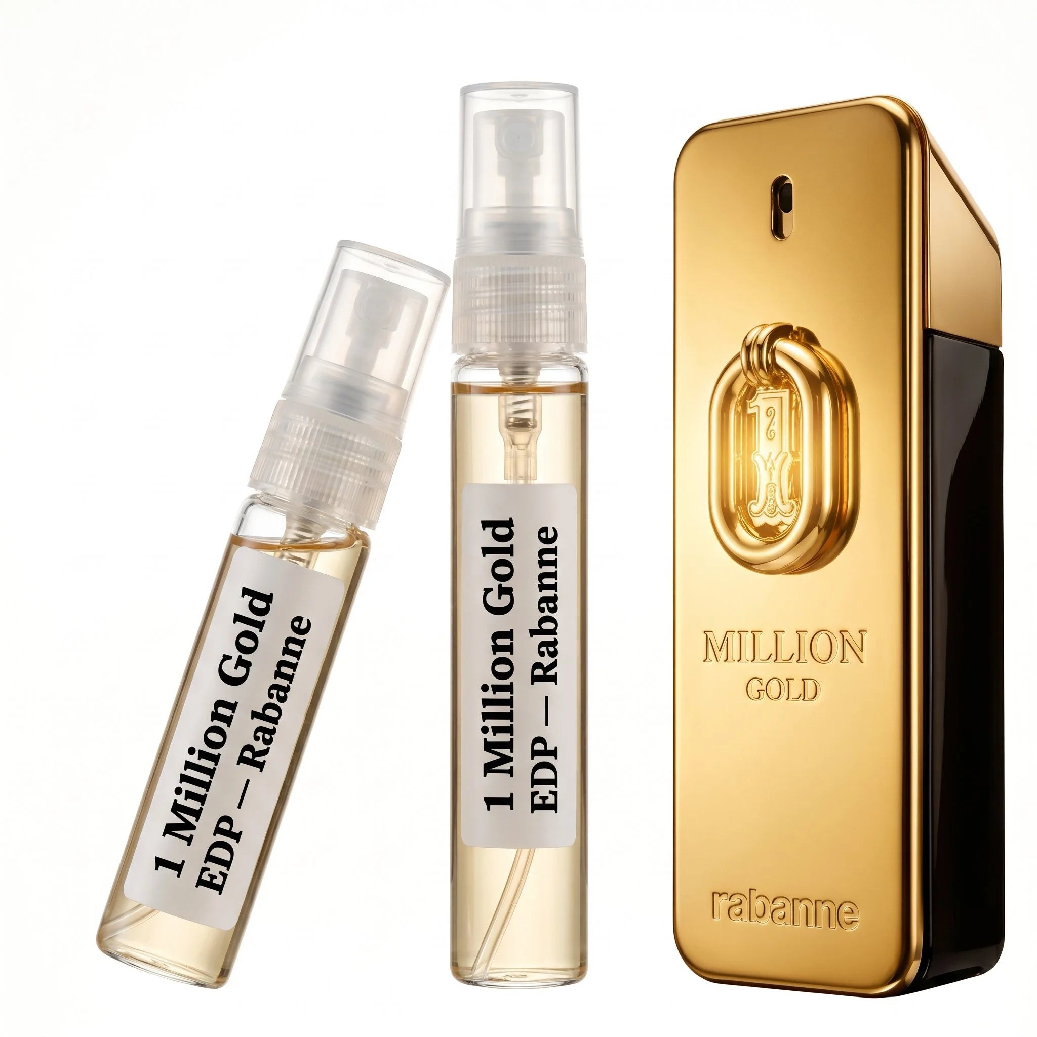 Rabanne 1 Million Gold EDP decant vials with gold bar bottle on white background luxury fragrance photography