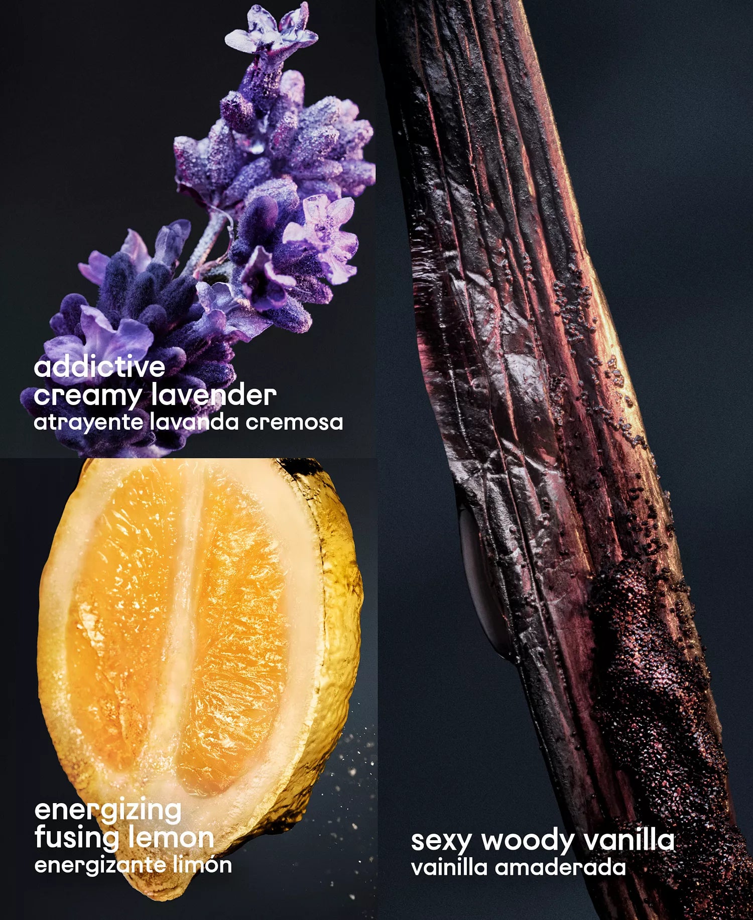 Scents with lavender, vanilla, lemon, and wood on a dark background
