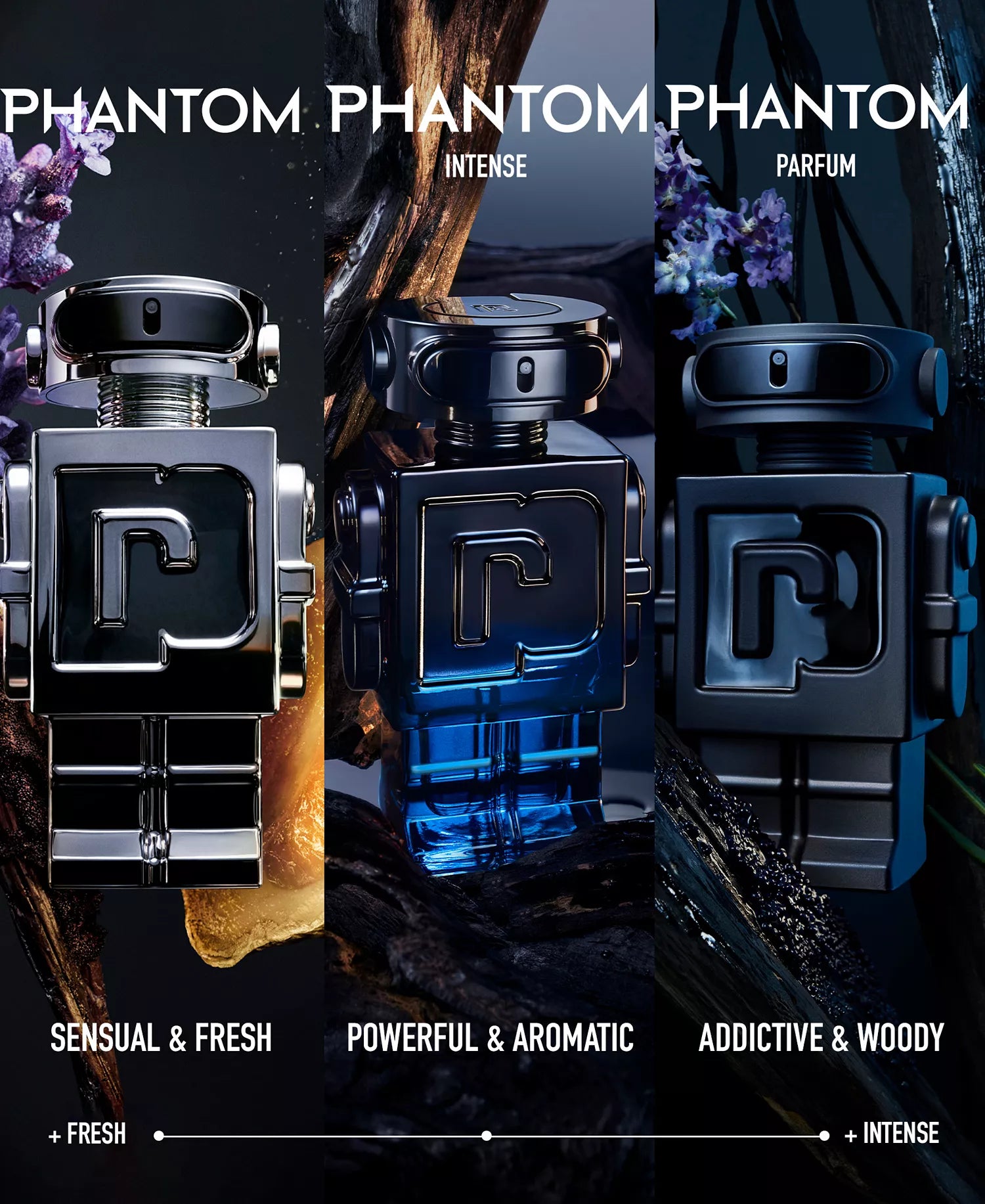 Three perfume bottles labeled 'PHANTOM' with descriptors and color variations.