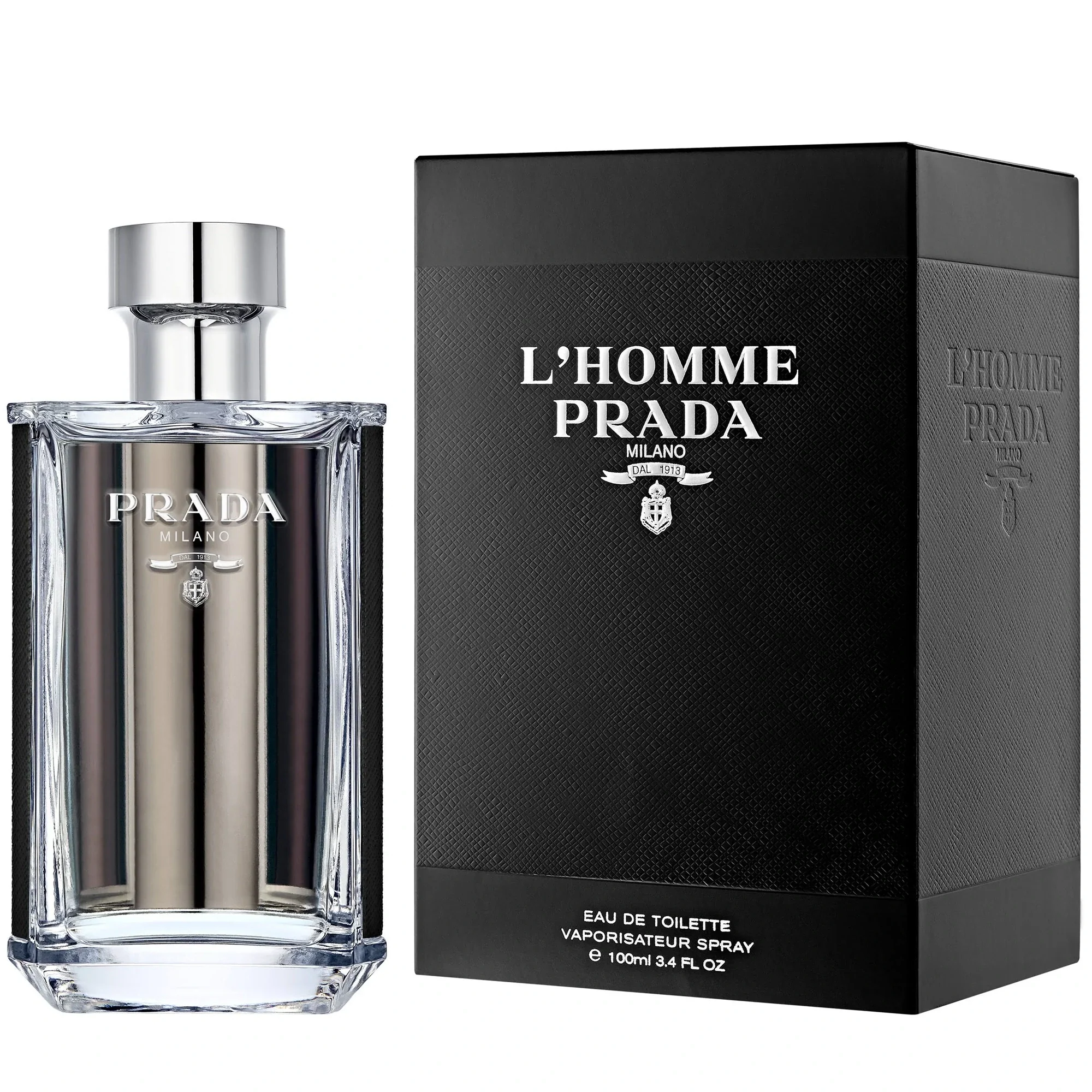 Prada L'Homme perfume bottle and packaging on a white background