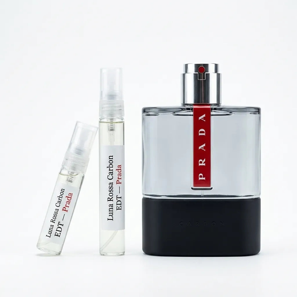 Prada perfume bottle and sample on a white background