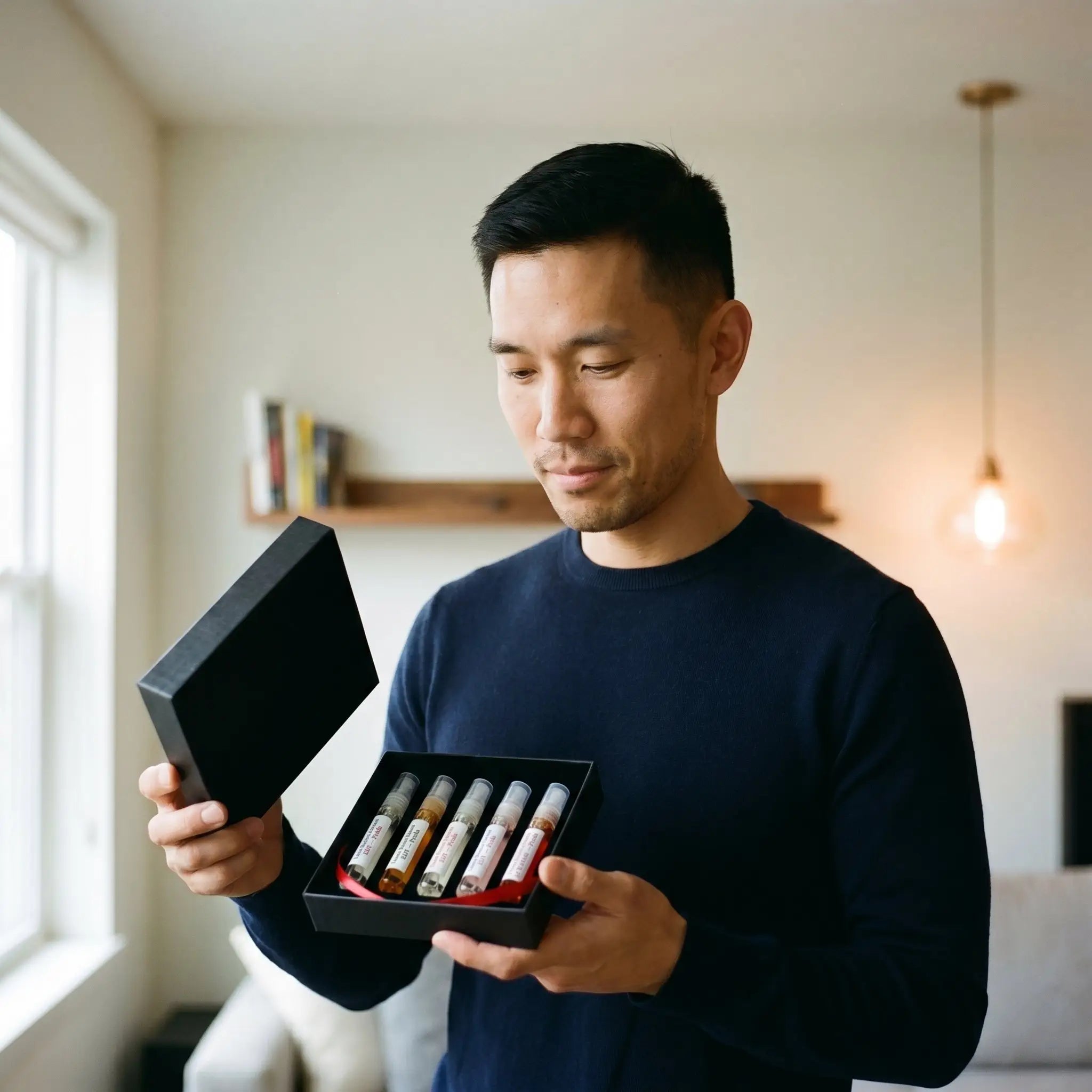 Man unboxing Prada Luna Rossa Discovery Set gift box — five fragrance decants from Aromatick