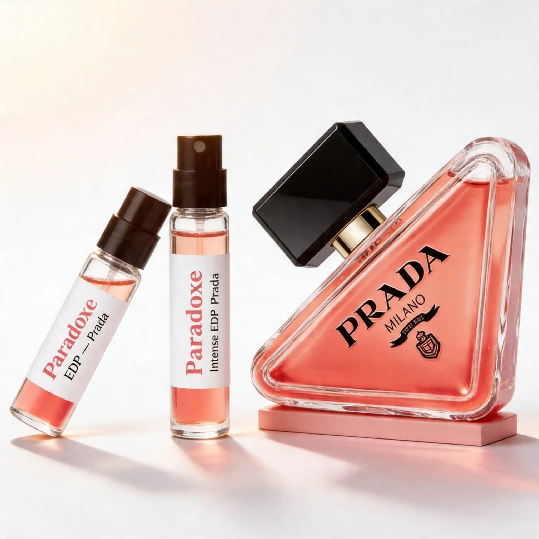 Prada Paradoxe Intense EDP coral pink decant vials with triangular bottle on white background fragrance product photography